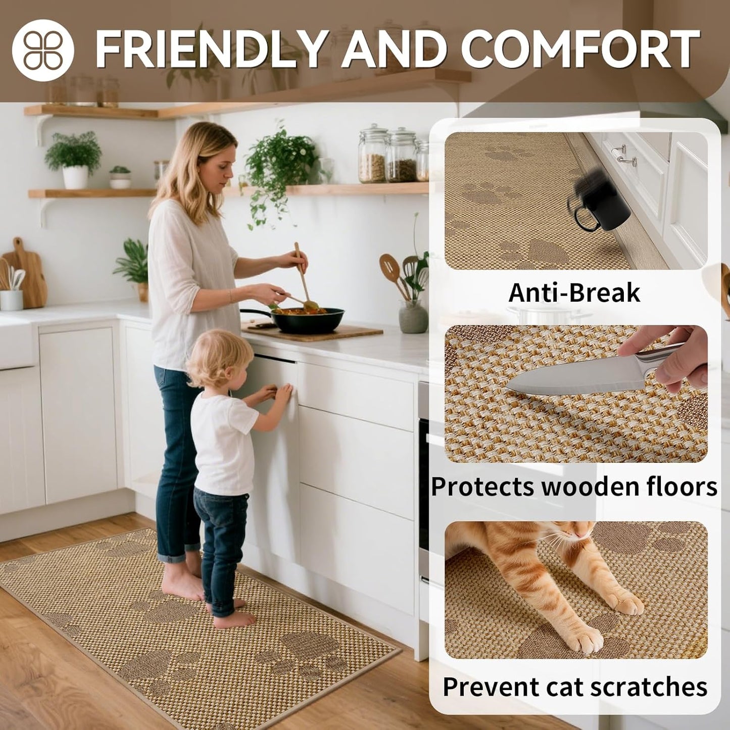 Non-Slip Kitchen Mats for Floor, Soft Woven Linen Embroidery Kitchen Runner Rug - Super Absorbent Washable Kitchen Sink Mat with Rubber Backing for Office & Home Brown 17x59