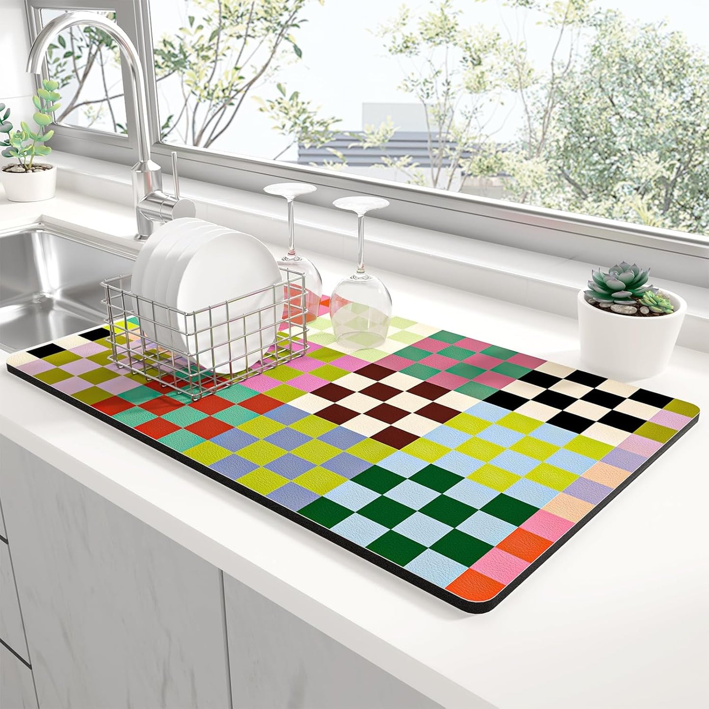 Rnivvi Dish Drying Mat for Kitchen Counter, XL 15 x 24" Cute Checkered Absorbent Draining Pad, Non-Slip Heat Resistant Coffee Bar Mats for Coffee Machine Station Accessories, Colorful Dish Rack Pad
