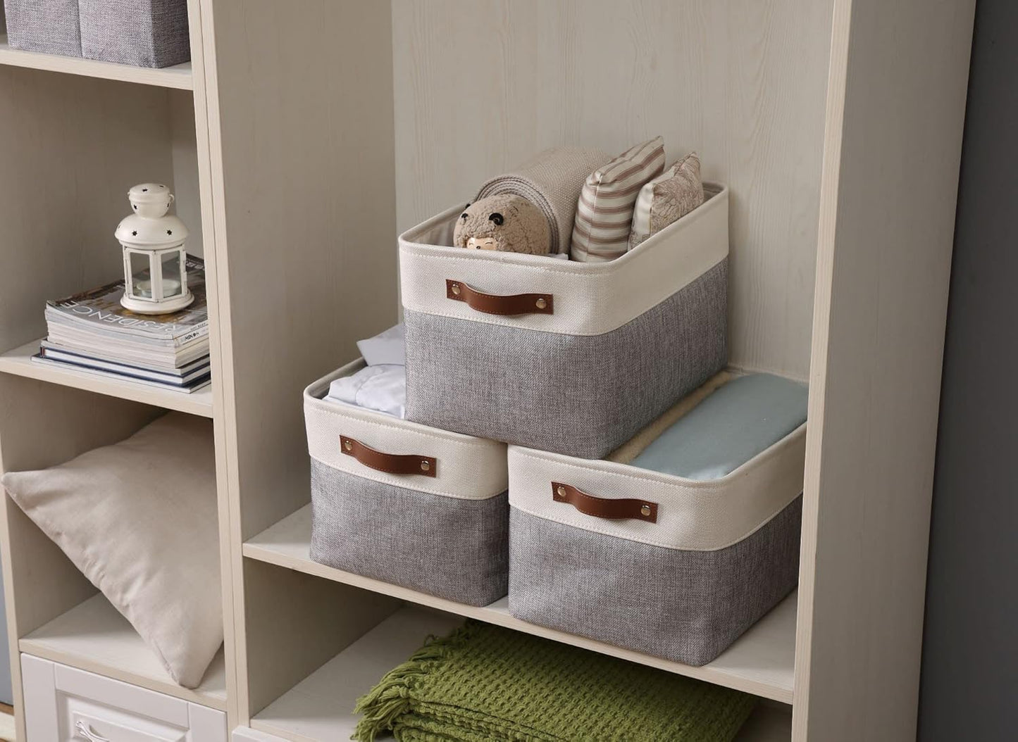 DECOMOMO Storage Baskets for Shelves - Fabric Storage Bins, Linen Closet Organizers and Storage (Grey & White, Large - 3 Pack)