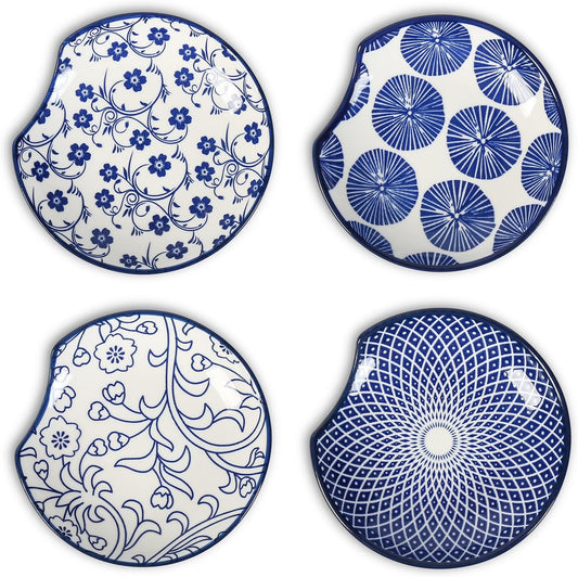 Selamica Ceramic Spoon Rest for Stove Top, 4.6 Inch Cooking Spoon Holder for Kitchen Counter, Stackable Utensil Rest Holder for Spatula Ladles Tong, Set of 4, Vintage Blue