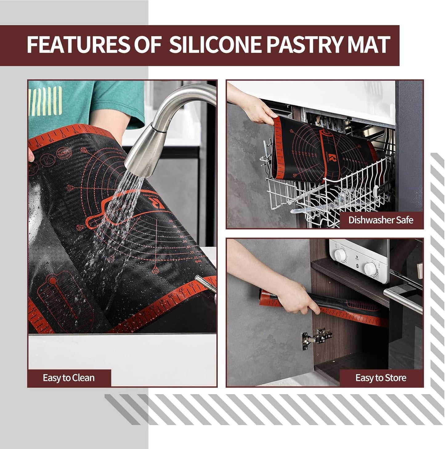 Silicone Pastry Mat Extra Large with Measurements 26''x16'' for Reusable,Non-slip Silicone Baking Mat, Counter, Dough Rolling, Oven Liner,Fondant/Pie Crust (Translucent_Red, 16''W x 26''L)