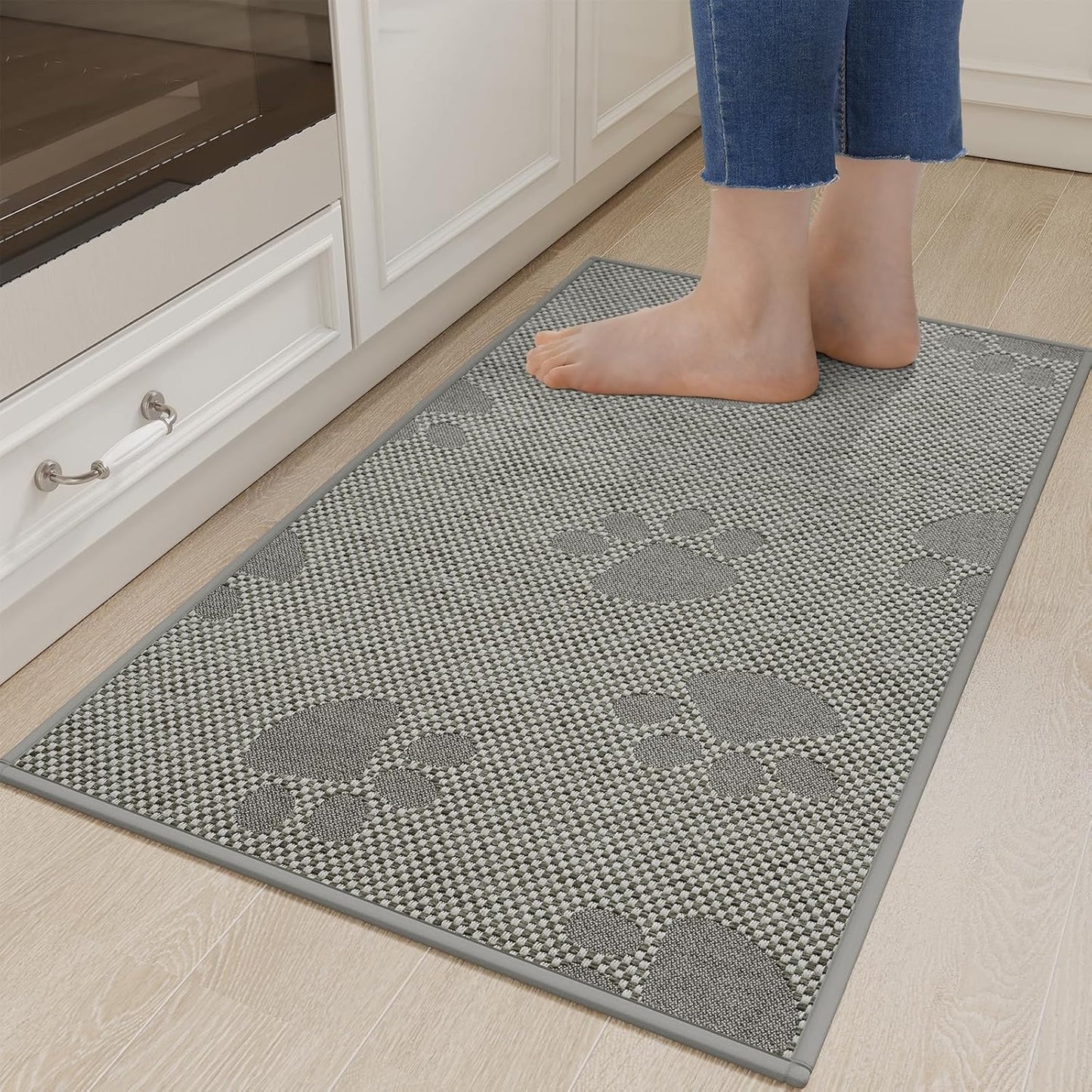 Kitchen Mats for Floor, Super Absorbent Kitchen Rugs Non Slip Washable, Rubber Backing Soft Woven Linen Embroidery Runner Rug, Standing Mat Kitchen Sink Mat, Easy to Clean, Gray 17x30