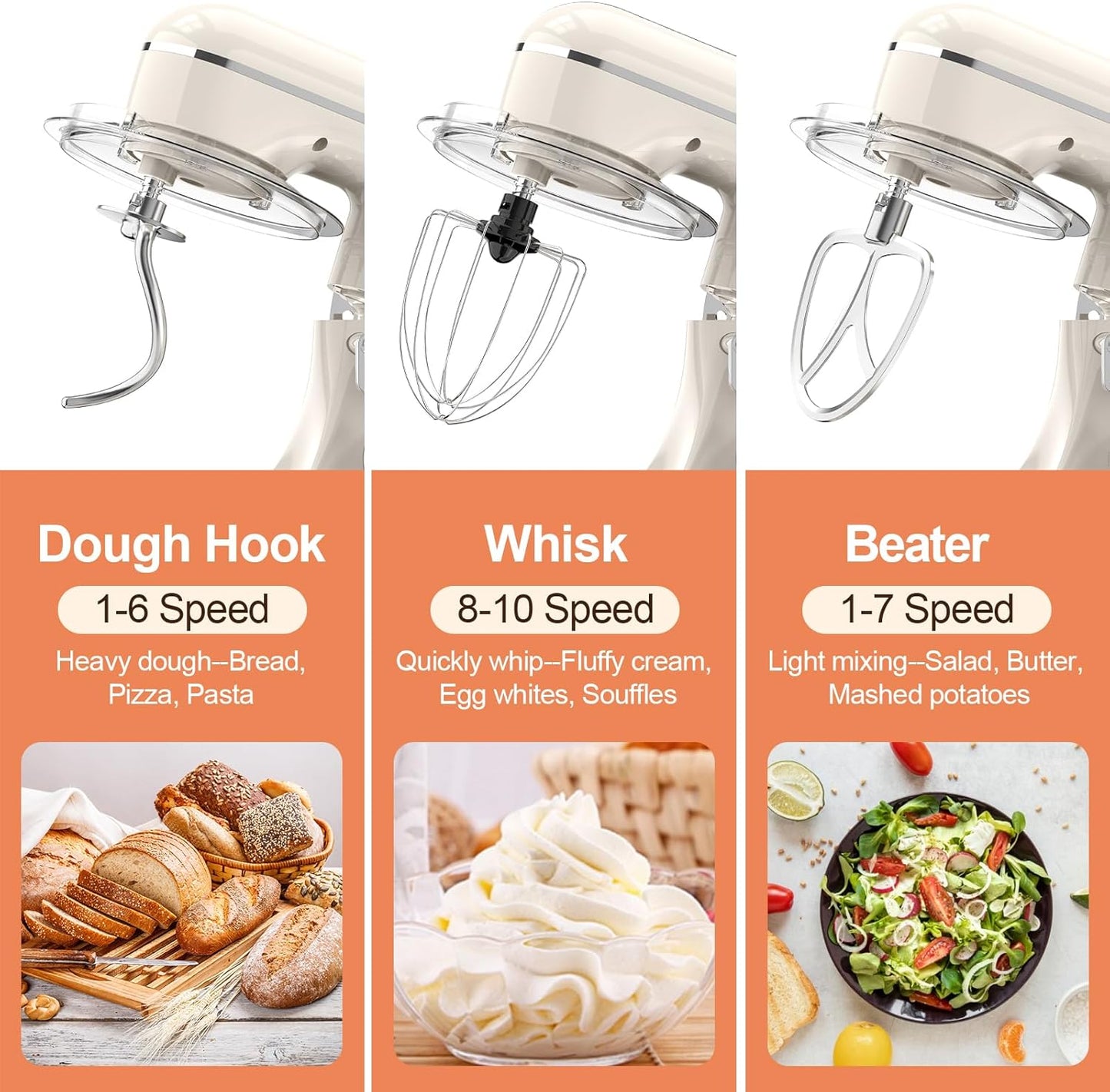 3-IN-1 Electric Stand Mixer, 6.5QT Bowl 660W 10-Speed Kitchen Mixer, Household Food Mixers include Dough Hook, Beater and Whisk, Bread Cake Mixer for Baking and Most Home Cooks, Almond Cream