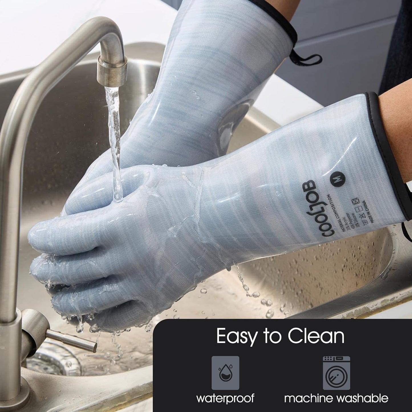 COOLJOB Heat Resistant Oven Gloves, Waterproof Liquid Silicone BBQ Grilling Gloves for Barbecue, Kitchen Cleaning, Baking, Blue, XL