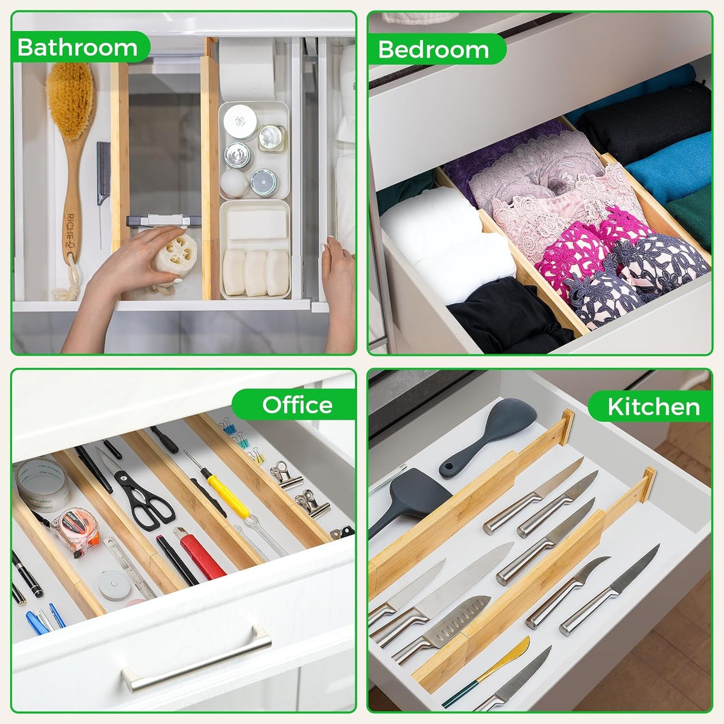 FJO 4 Pack Adjustable Bamboo Drawer Dividers - 12.5" - 21.7" Expandable Drawer Separators for Kitchen, Utensils, Clothes, Bedroom, Dresser, Bathroom (Beige)