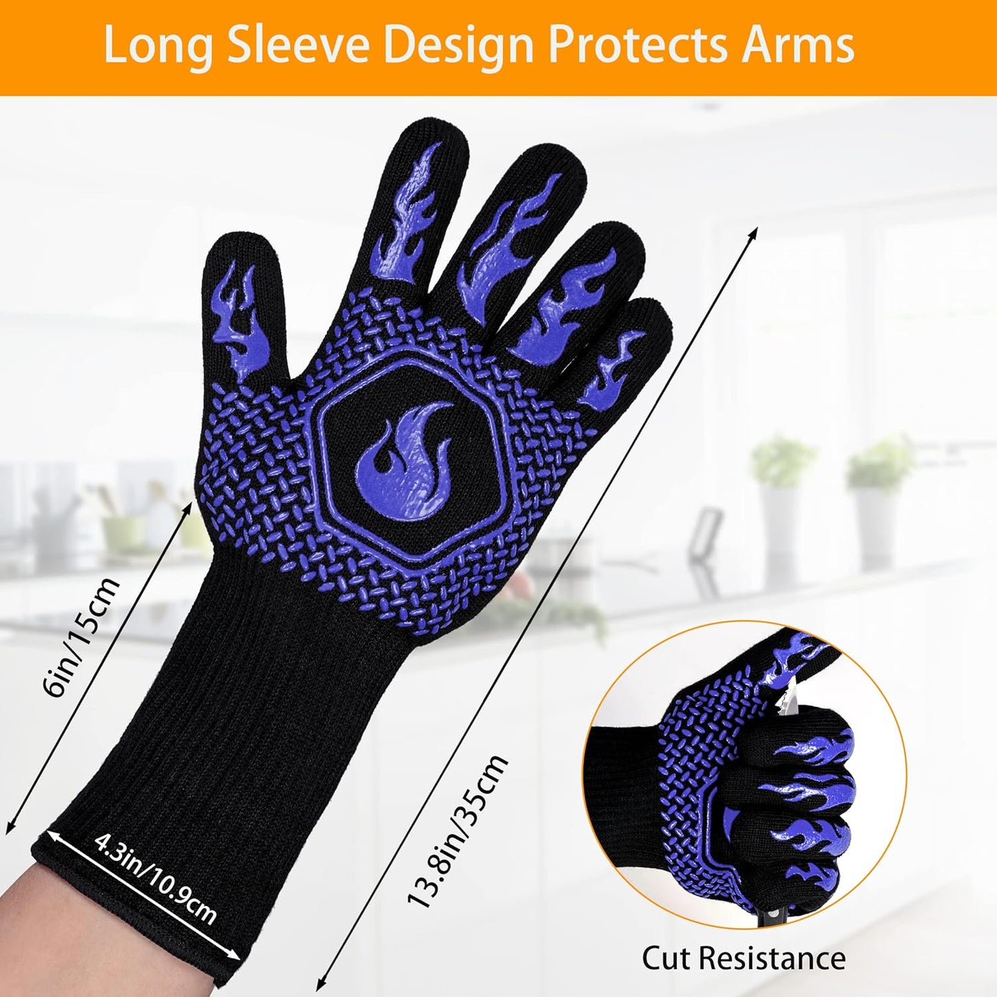 BBQ Fireproof Gloves, Grill Cut-Resistant Gloves 1472°F Heat Resistant Gloves, Non-Slip Silicone Oven Gloves, Kitchen Safe Cooking Gloves for Oven Mitts,Barbecue,Cooking, Frying, Blue（2 Pairs）