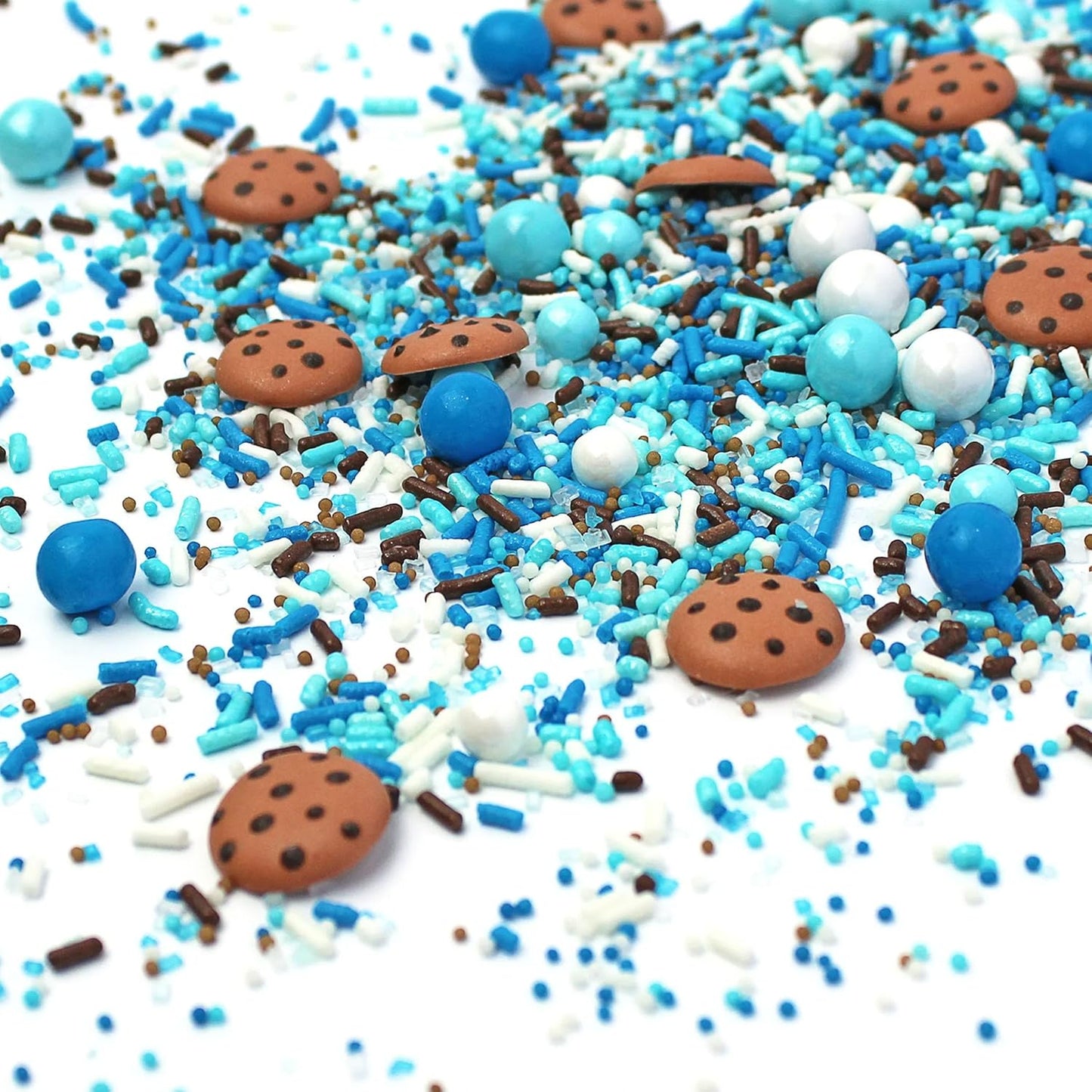 Sprinkle Pop Cookies & Milk Sprinkle Mix| Blue and White Sprinkles with ~12 Hand Piped Chocolate Chips Cookies and Brown Pops| Decorating Sprinkles Made in USA For Birthday Cake Cupcakes Donuts, 4oz