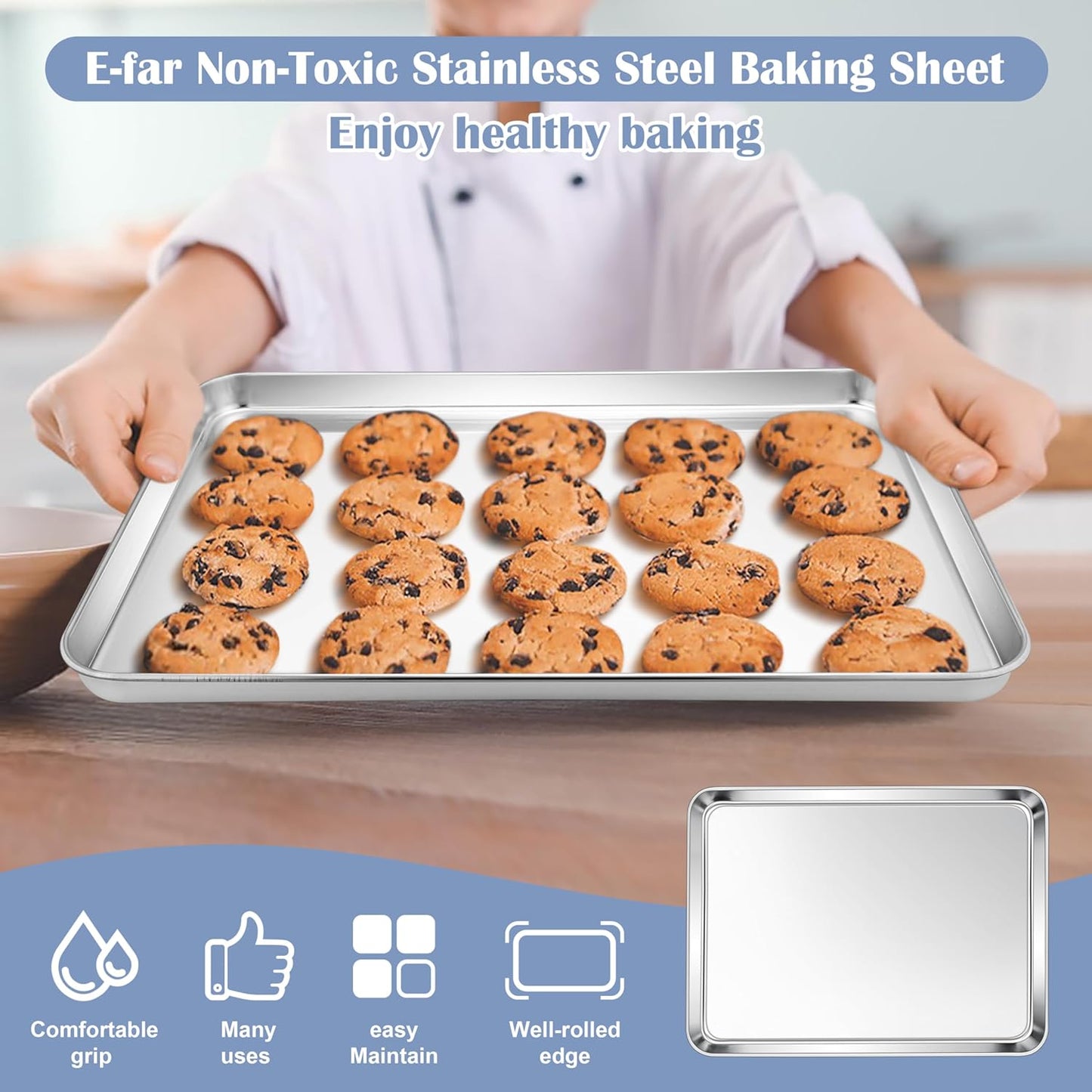 E-far Stainless Steel Baking Sheets Set of 4, 12.4” x9.7” Baking Cookie Sheets Pans for Oven, Non-toxic Metal Trays for Cake Cookies, Healthy & Rust Free, Mirror Finish & Dishwasher Safe