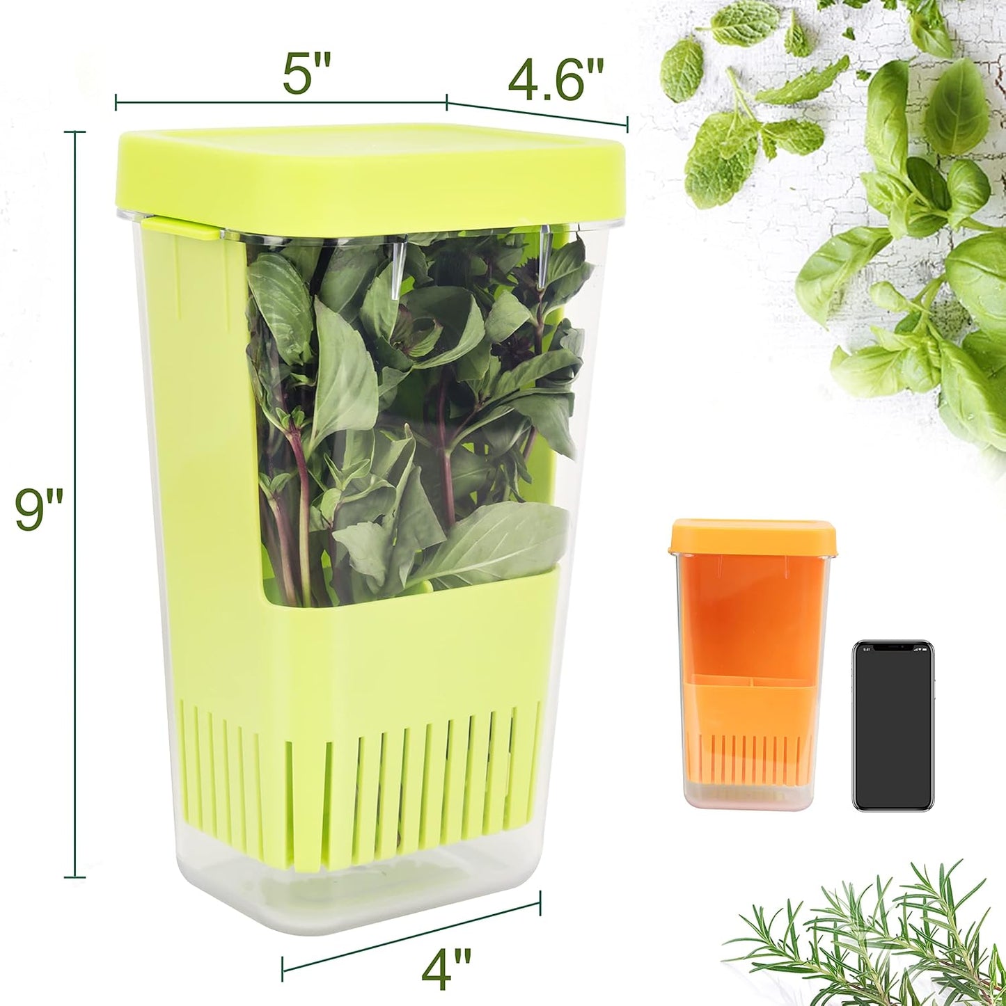 Herb Keeper Set: 2 Pack Herb Saver+1 Pack Herb Scissors+2 Pack Herb Stripper, Refrigerator Organizer, Herb Container for Cilantro, Mint & Asparagus, Keeps Fresh Herbs for 3 Times Longer Green&Orange