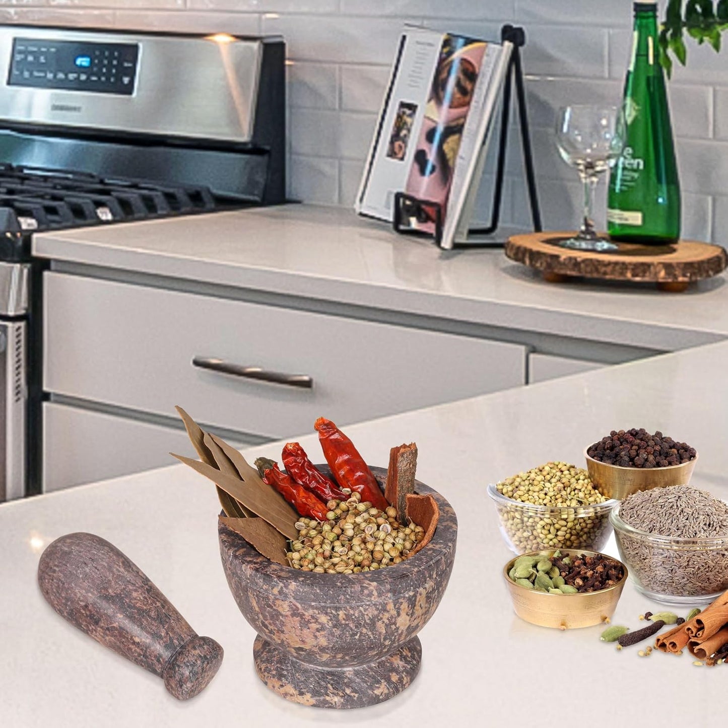 Mortar and Pestle, Made of Heavy Duty Polished Hard Stone, Natural Stone Grinder for Spices, Pastes, Herbs, Seasoning etc. (Classic Charm)