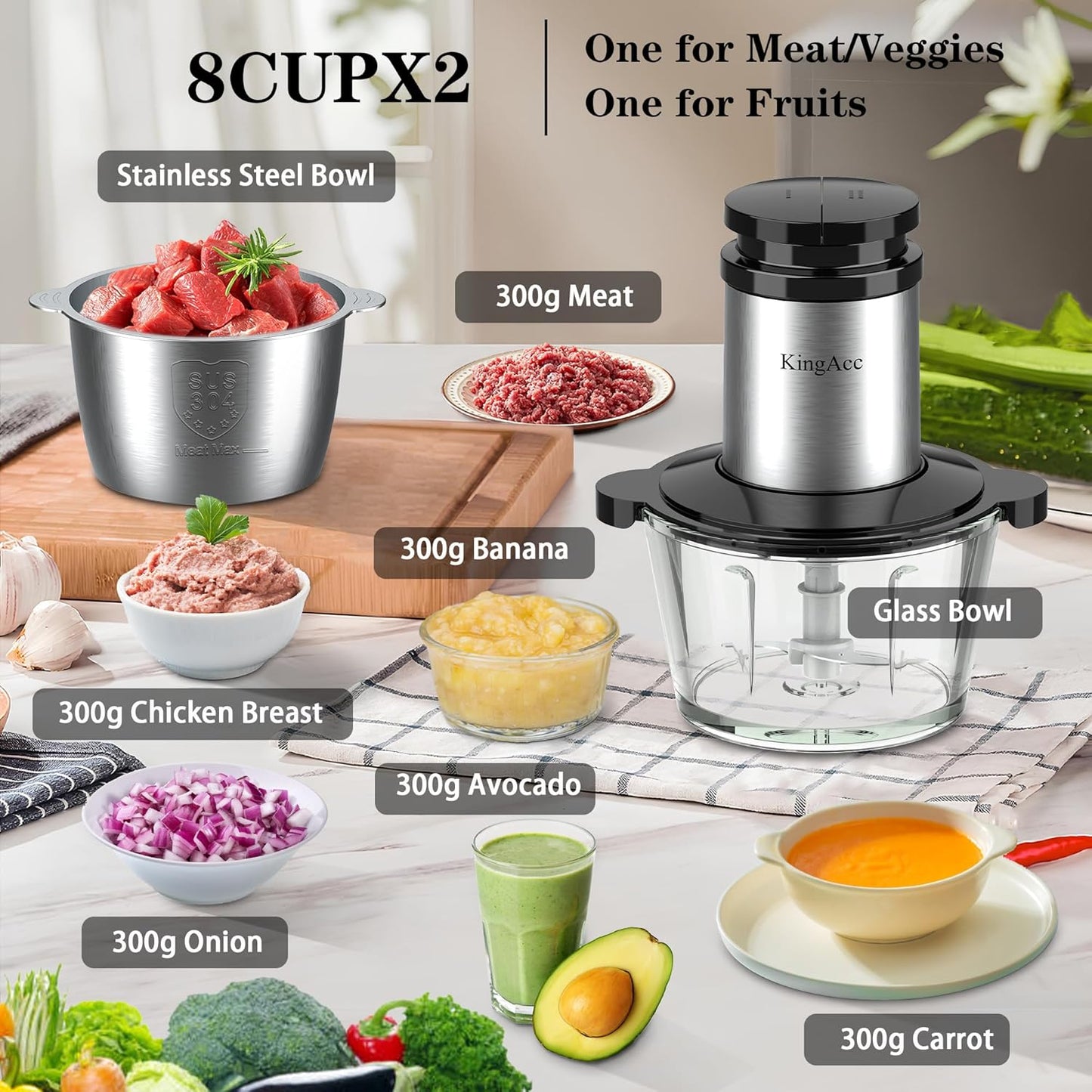 KingAcc Food Processor, 8-Cup 500W Meat Grinder & Mini Electric Vegetable Chopper with Copper Motor, 2 Blades & Dual Bowls (Glass+Stainless Steel), Overheat Protection for Baby Food/Meat/Home Kitchen