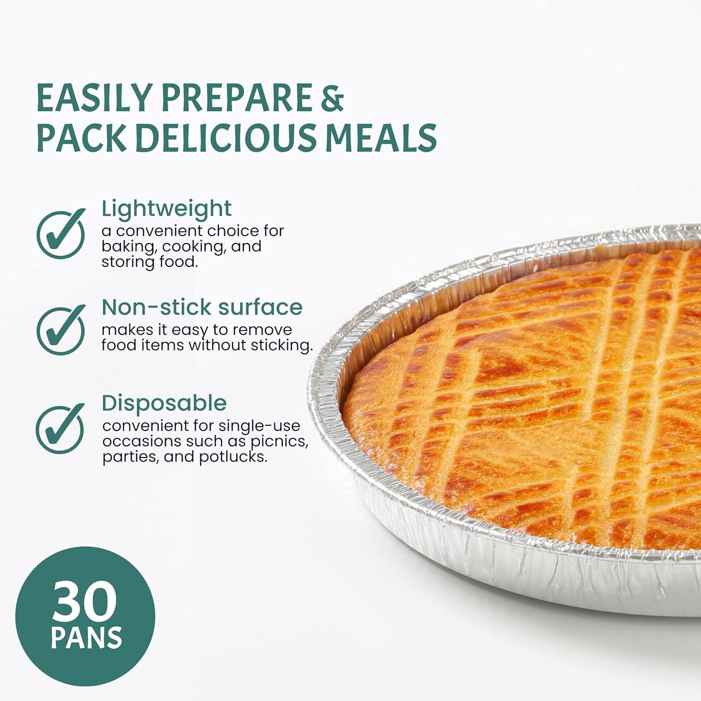 FUNSTITUTION Round Disposable Aluminum Pie Pans (30 Pack) - 7 Inch Disposable Pie Pans - Round Aluminum Foil Pans For Baking, Grilling, Cooking, Storing, Prepping