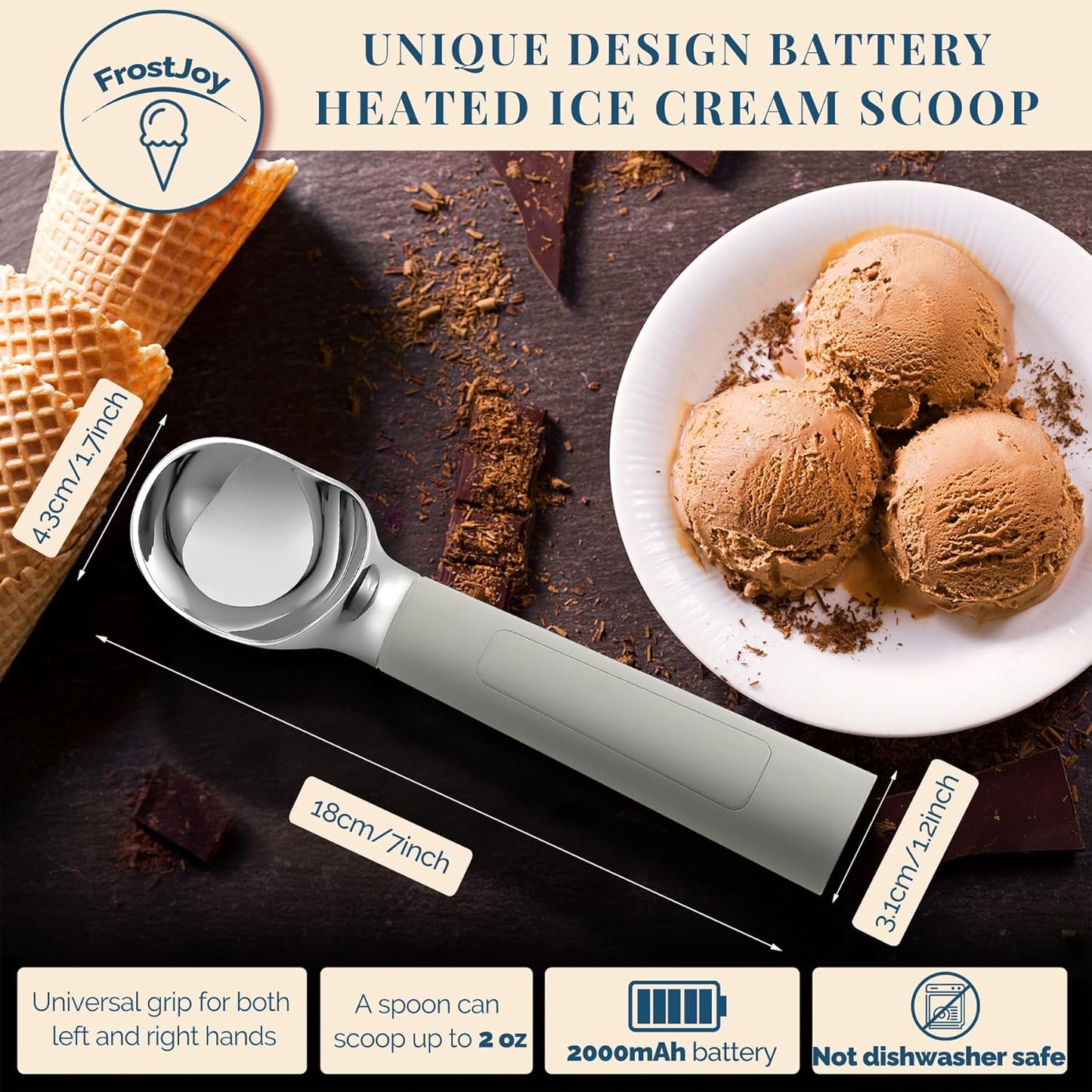 Heated Ice Cream Scoop Rechargeable, Electric Warming Ice Cream Scooper with LED Display, Heats to 158°F for Hard Ice Cream, Easy for Seniors & Kids, IP67 Waterproof (Grey, 2 oz)