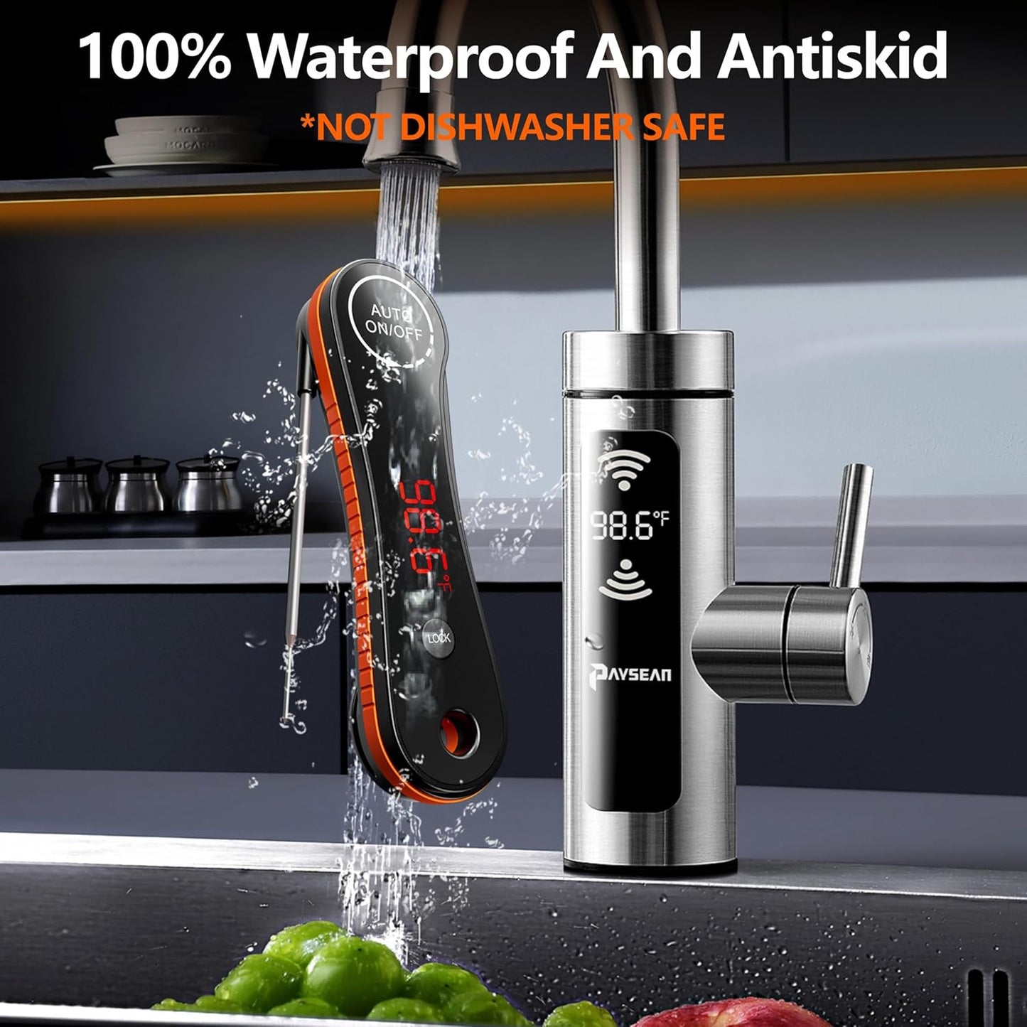 Digital Meat Thermometer, Paysean 0.5 Sec Instant Read ±0.5℉ with Auto-Rotating Backlit Display, IP67 Waterproof and Calibration for Cooking, Candy, Grilling, BBQ, Liquid, Smoker, Beef