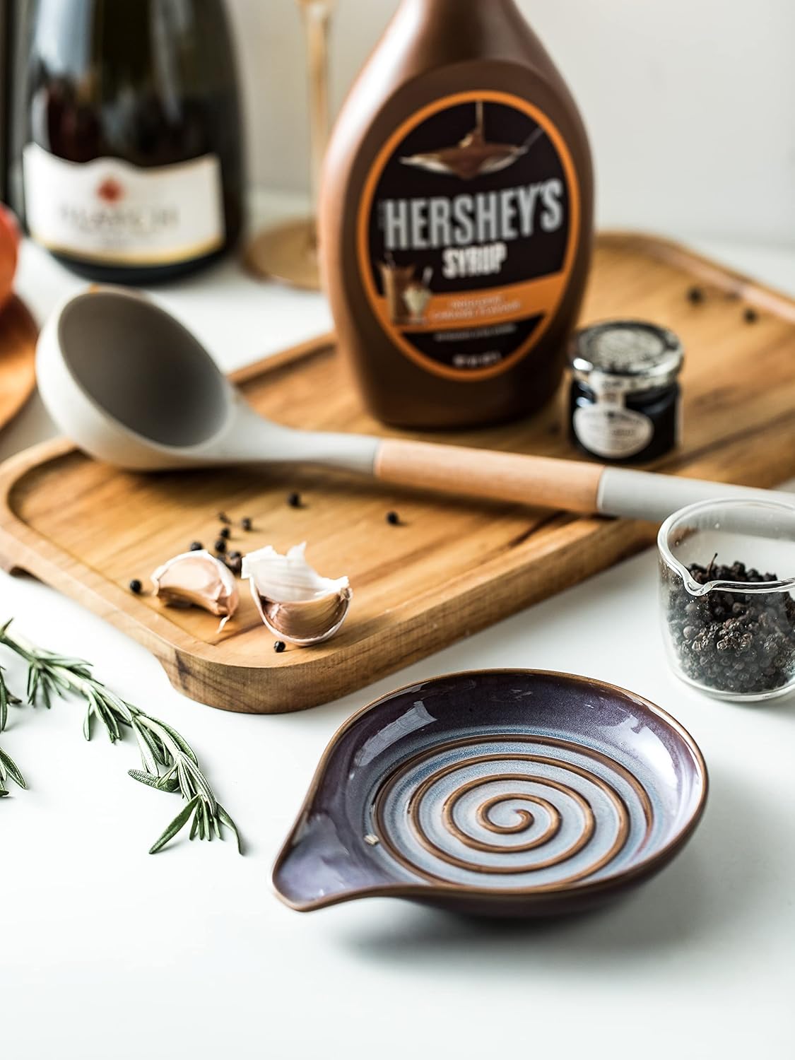 Spoon Rest, Ceramic Spoon Holder with Deep Drip Tray for Stove Top Utensils Holder for Countertop, with Handle for Easy Hold, Purple