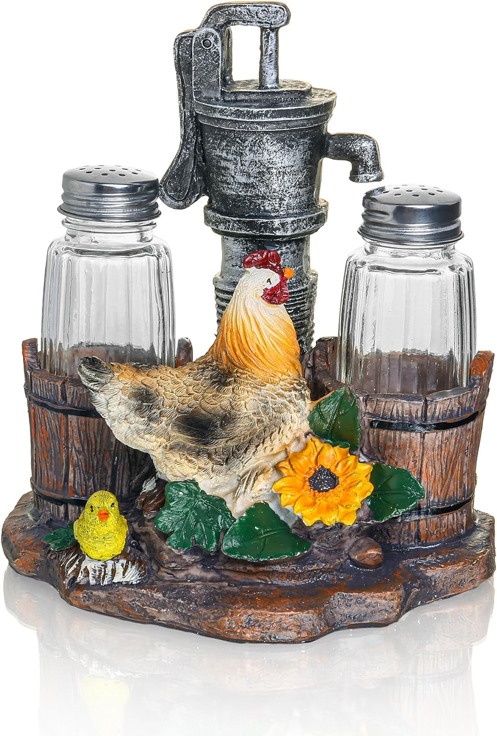 Rustic Salt And Pepper Shakers Set - Salt And Pepper Dispenser with Resin Hen Well Figurine And Statues Holder - Farmhouse Kitchen DéCor with Glass Spice Jars
