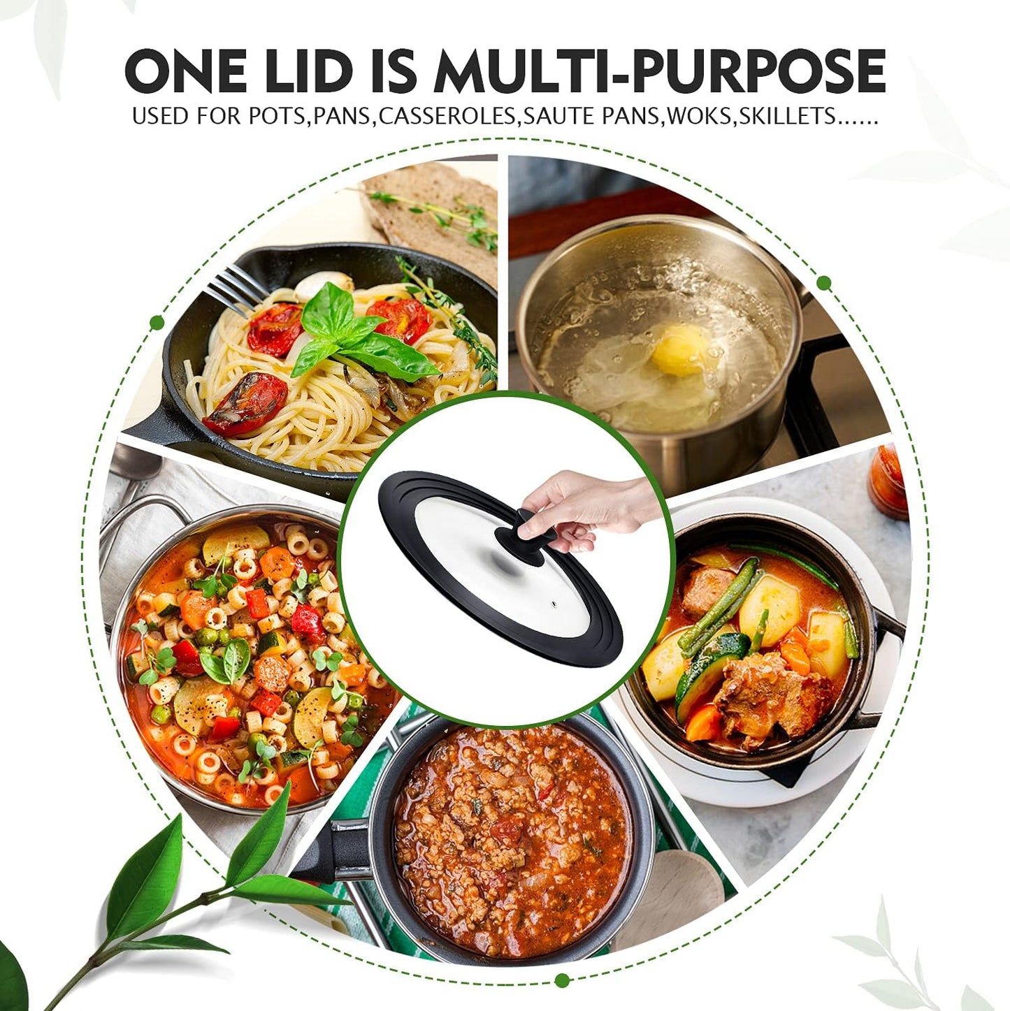 Universal Lid for Pots, Pans and Skillets, Pot Lid With Heat Resistant Silicone Rim and Tempered Glass,Fits 6.5", 7", 8" Diameter Pots and Pans