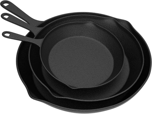 Frying Pans - Set of 3 Pre-Seasoned Cast Iron Skillets with 10-Inch, 8-Inch, and 6-Inch Sizes - Nonstick Camping Cookware by Home-Complete (Black)