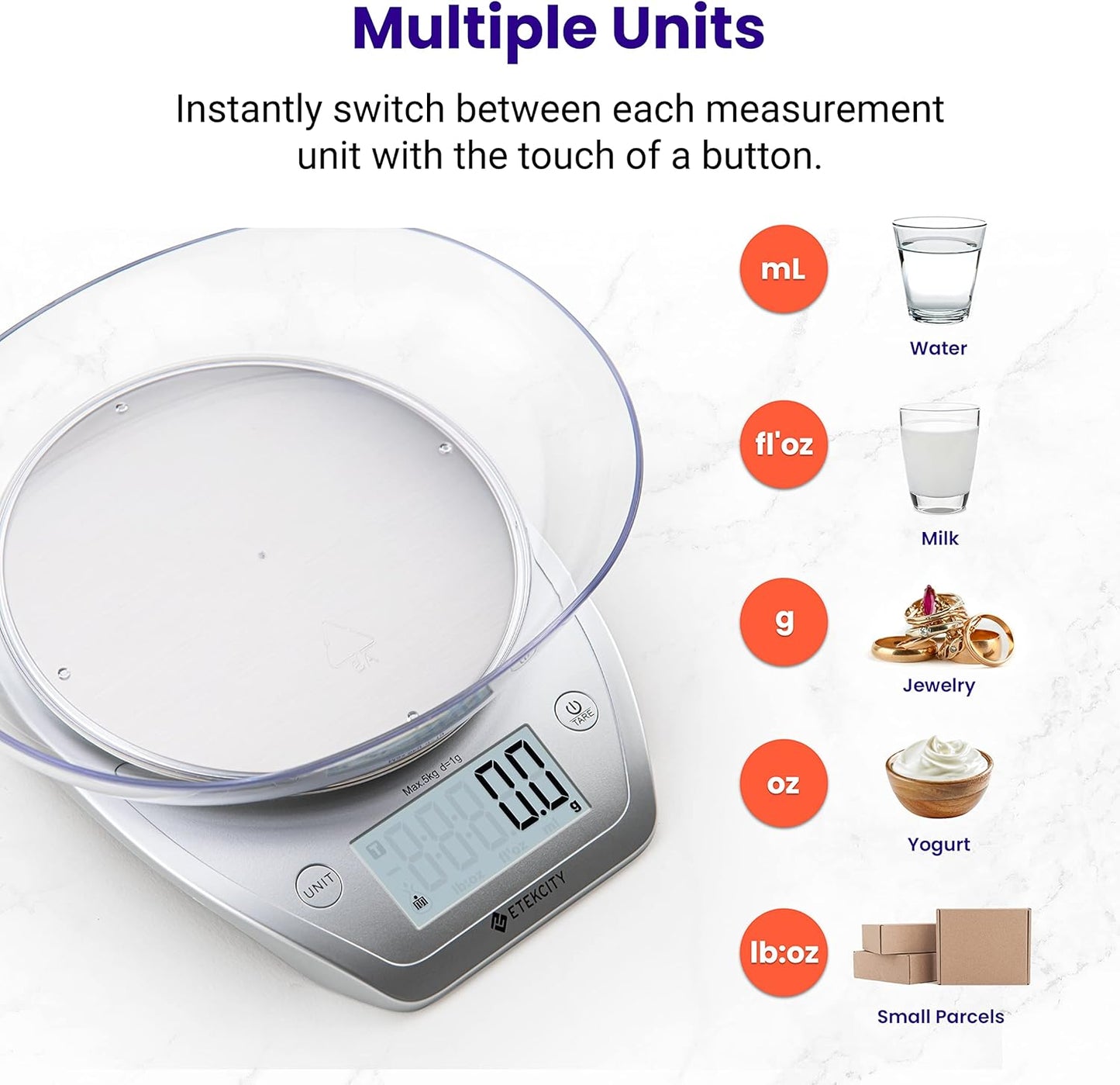 Etekcity 0.1g Food Kitchen Scale, Bowl, Digital Grams and Ounces for Weight Loss, Dieting, Baking, Cooking, and Meal Prep, 11lb/5kg, Stainless Steel Silver