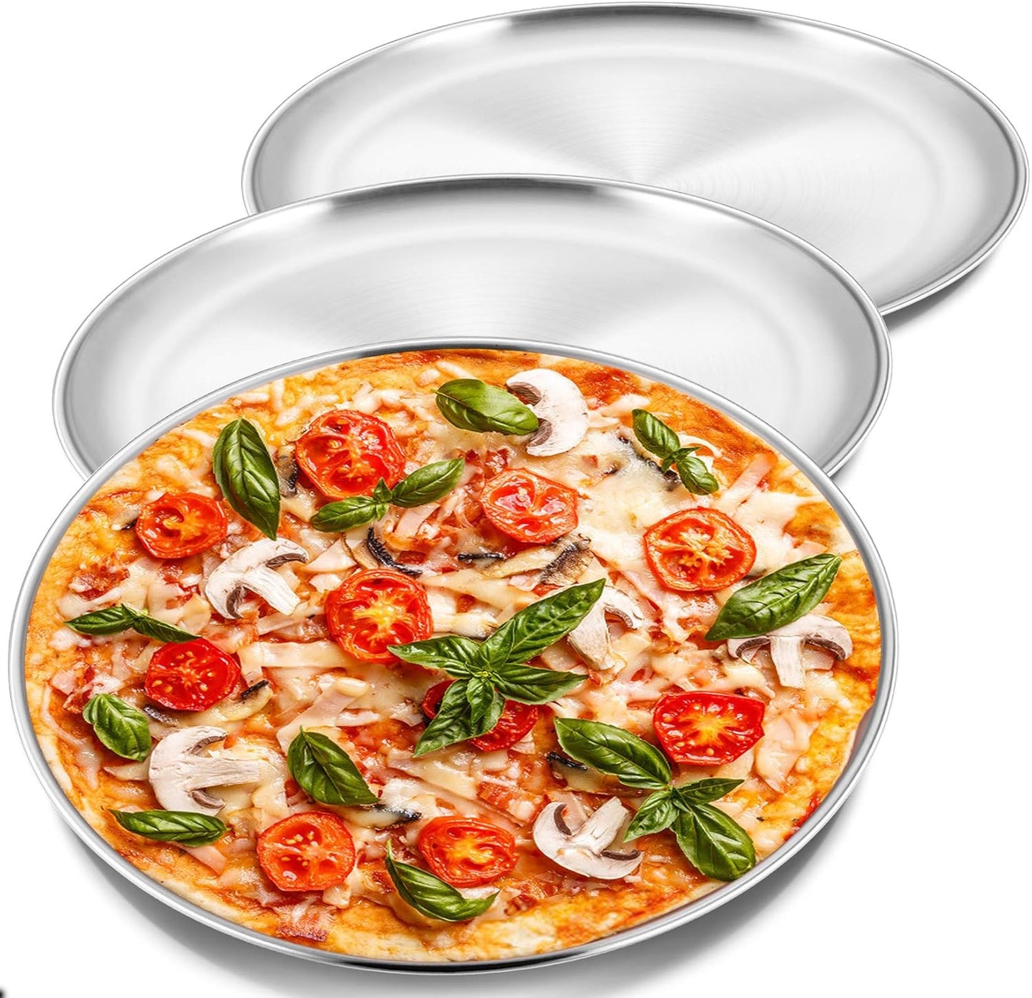 P&P CHEF 12 Inch Pizza Pan, 3 Pieces Stainless Steel Round Pizza Tray Dish Plate For Oven Baking Roasting, Healthy & Heavy Duty, Rust Free & Dishwasher Safe -Silver