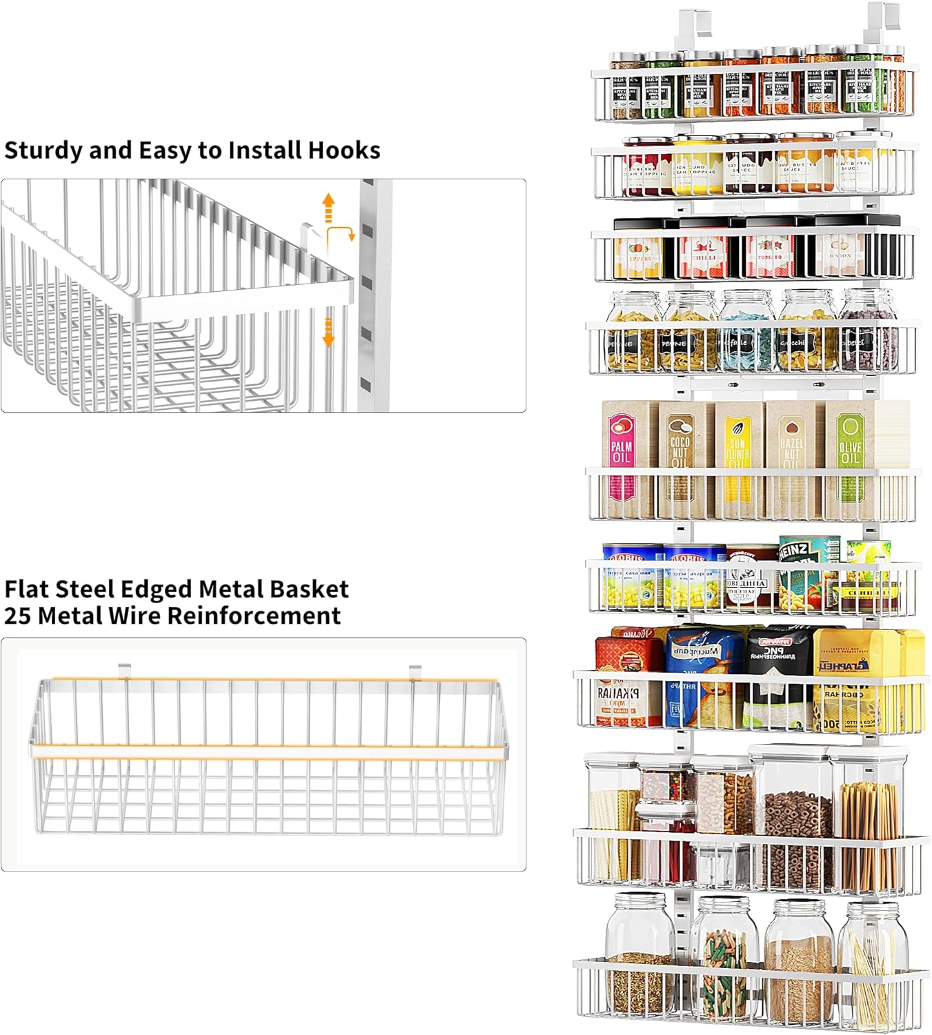 Moforoco 9-Tier White Over The Door Pantry Organizer, Pantry Organization and Storage, Black Hanging Basket Wall Spice Rack Seasoning Shelves, Home & Kitchen Bedroom Bathroom House Essentials