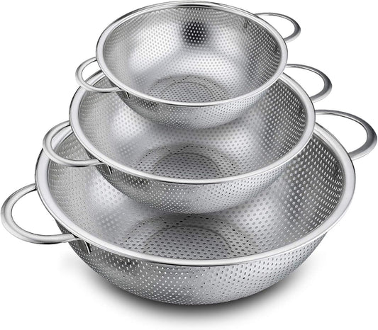 P&P CHEF Colander Set of 3, Stainless Steel Micro-Perforated Colanders Strainers for Draining Rinsing Washing, Ideal for Pasta Vegetables Fruits, Heavy Duty & Dishwasher Safe - 1/3/5 Quart