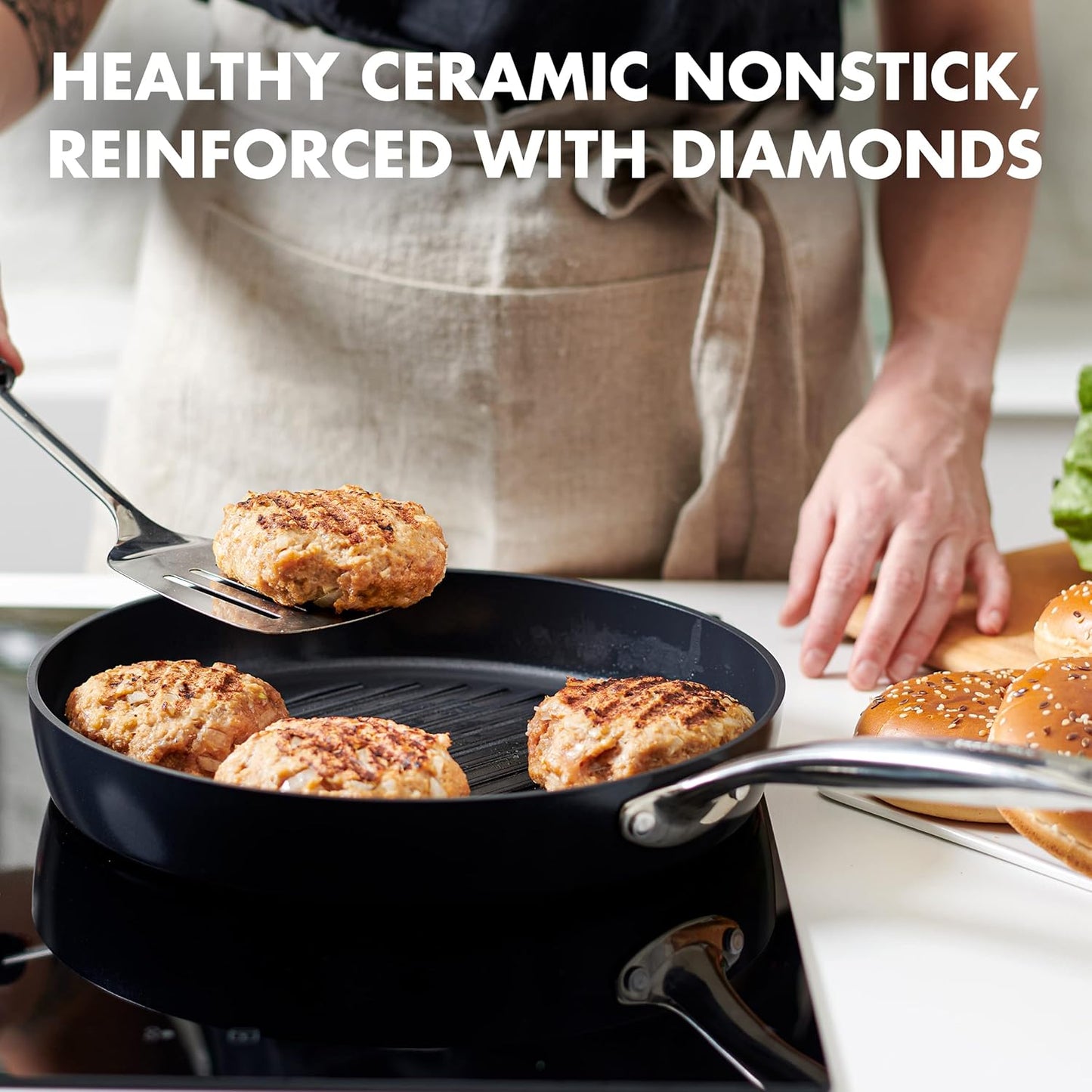 GreenPan Chatham Black Prime Midnight Hard Anodized Healthy Ceramic Nonstick, 11" Grill Pan, PFAS-Free, Dishwasher Safe, Oven Safe, Black