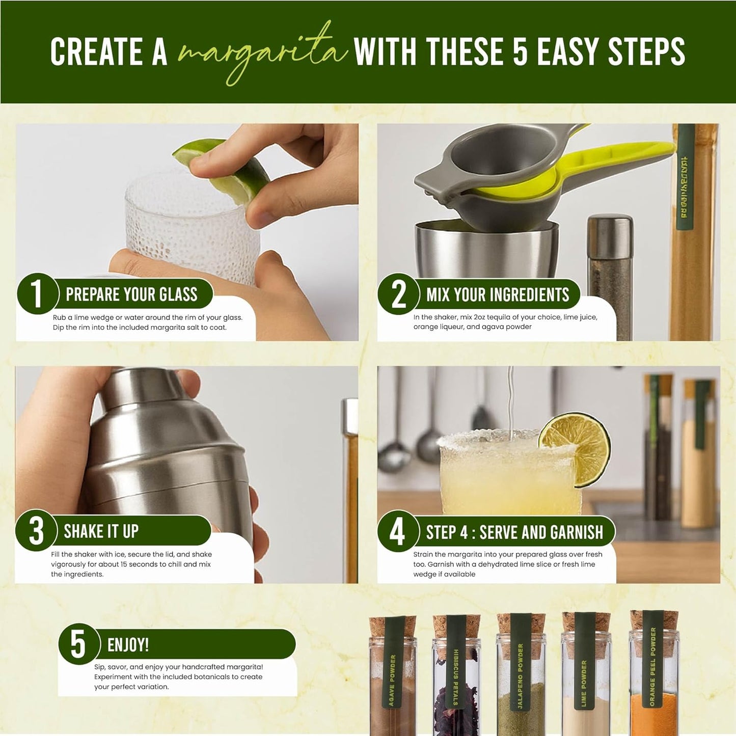 Margarita Kit Gift Set - 5 Botanicals - 2 Glasses - Stainless Steel Shaker & Jigger - Citrus Squeezer - Lime Infused Salt - Dried Lime - Recipe Book - Infusion Cocktail Kit - Basket Gift Set For Women