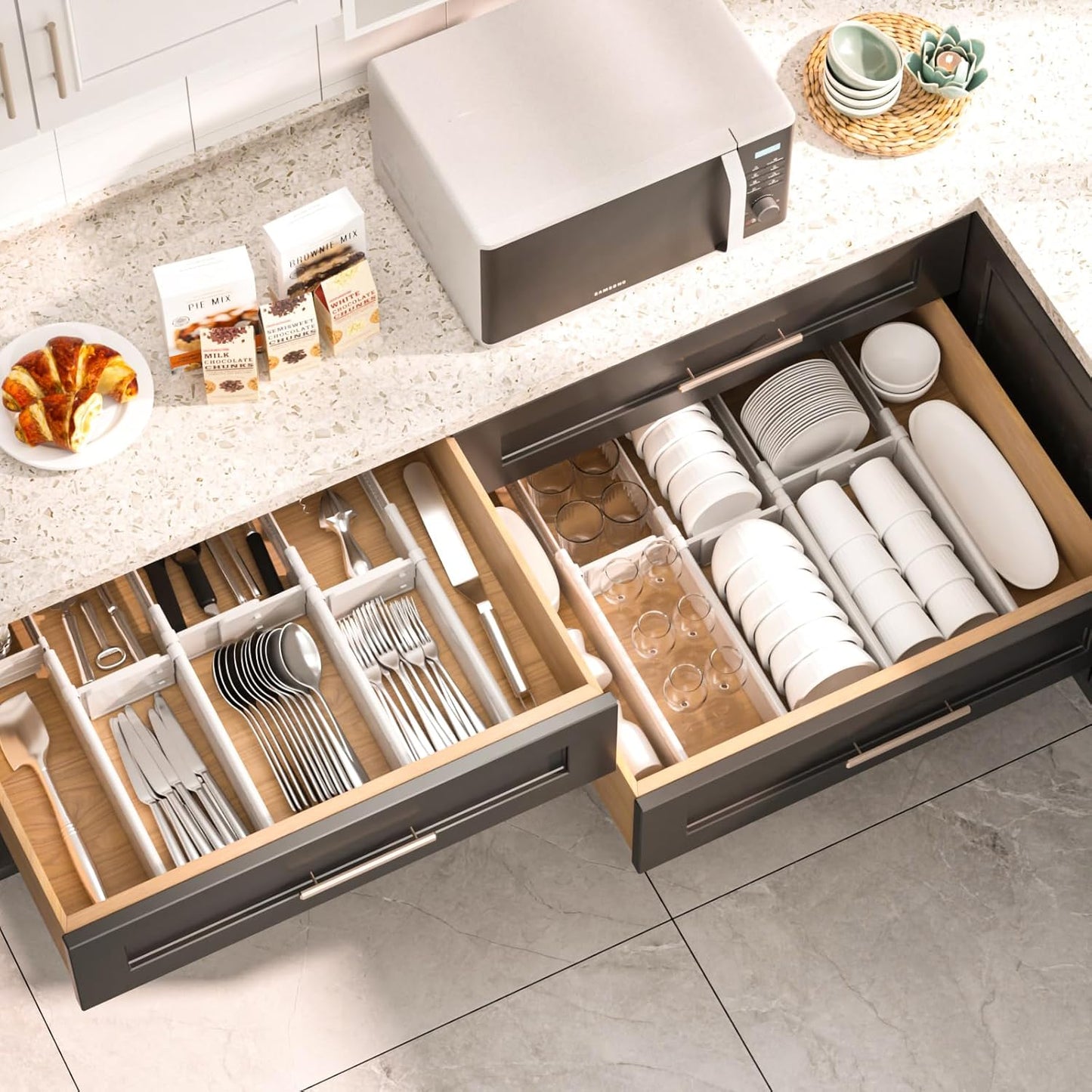 HiYZ Expandable Drawer Dividers with Inserts - Adjustable Drawer Organizers Separators for Kitchen, Bedroom, Dresser, Office, 8 Long Dividers(12.6-22.8 IN) with 16 Inserts(3.9-7.1 IN) - Gray