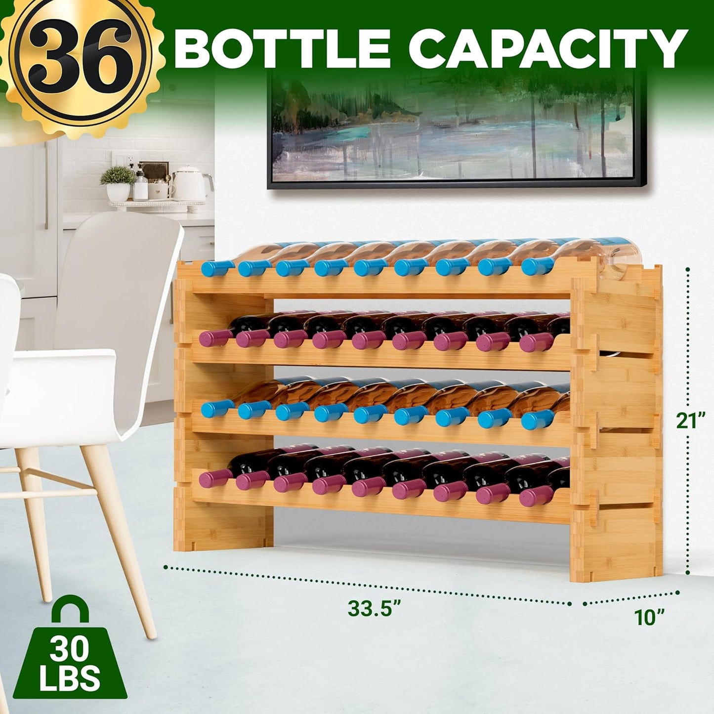 NutriChef Bamboo Stackable Wine Rack, 4-Tier 36 Bottle Capacity Wine Racks Free Standing Floor, No Tools Assembly, Modular Storage Display Shelf for Kitchen and Cellar 33.5" x 10" x 21"