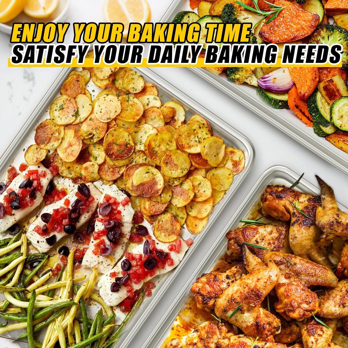 Baking Sheet Pan Set of 3, Commercial Quality Aluminum Cookie Sheets for Oven, Umite Chef Warp Resistant Baker's Half/Quarter/Jelly Roll Pans, Thick Cookie Tray Pans for Baking, Roasting