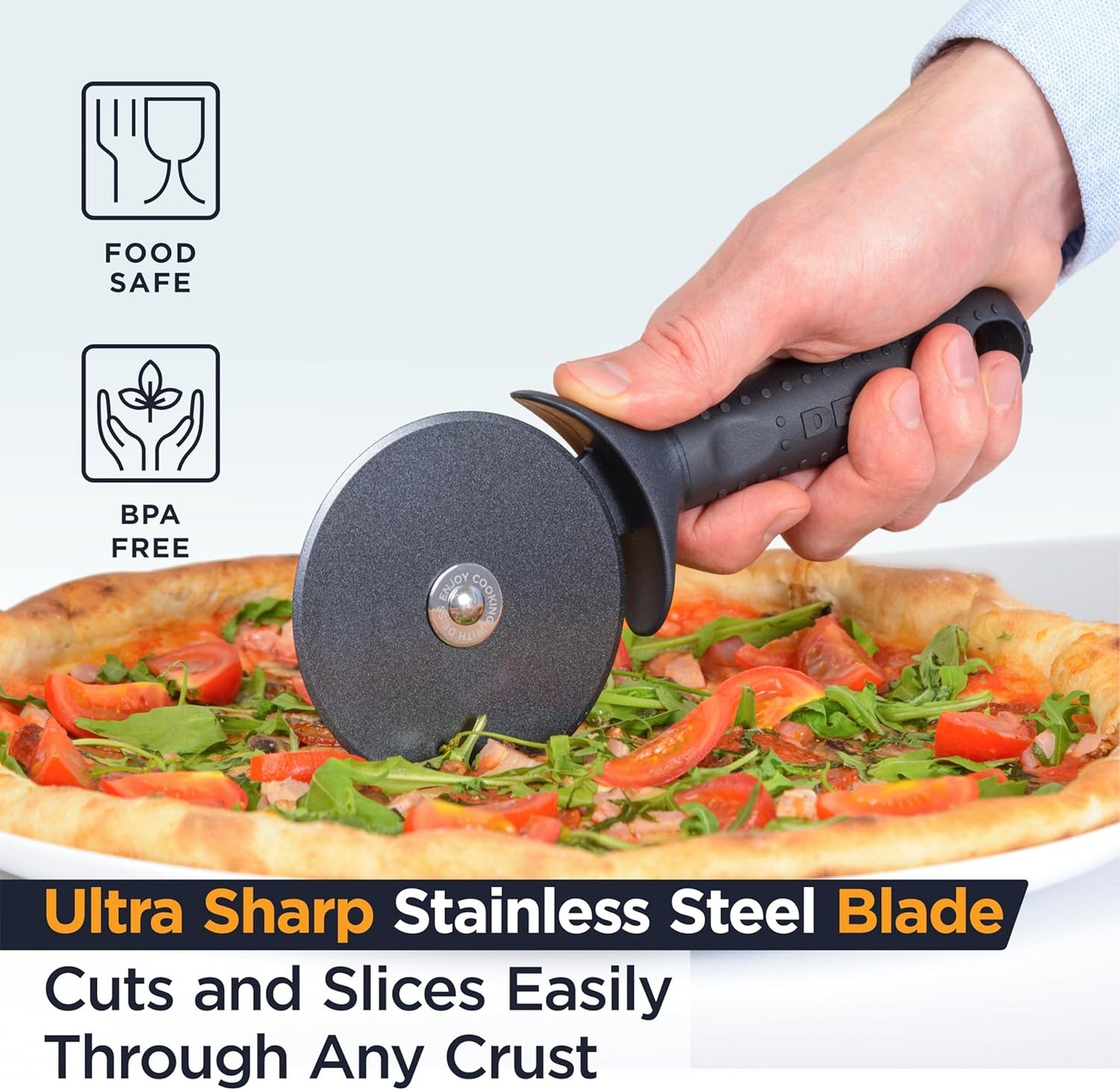 Deiss Lux Heavy Duty Pizza Cutter With Wheel Slicer- Stainless Steel Sharp Smooth Pizza Cutter Wheel With Easy Grip Non-Slip Handle, Dishwasher Safe (BLACK)