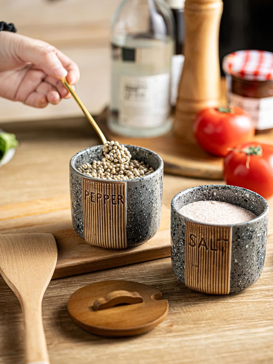 Salt and Pepper Bowl Ceramic, 10 Oz Salt Containers for Countertop Salt Cellar with Wooden Lid and Spoons, Salt and Pepper Set Marble Design, Gray