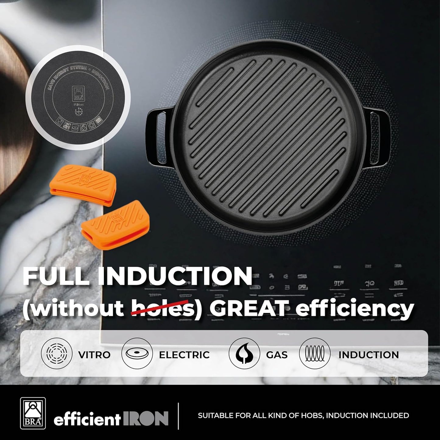 BRA COOKWARE Efficient Iron Rectangular Ribbed Grill | 13 inches x 8.7 inches Cast Iron Rectangular Griddle | All Heat Sources Compatible | PFOA Free | W/o Non-Stick | Silicon Handle | Non Deformable