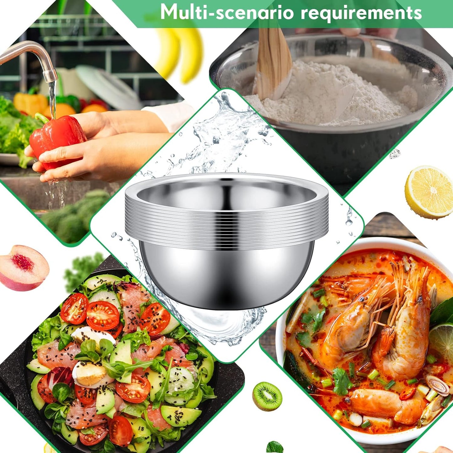 Pinkunn Set of 12 Stainless Steel Mixing Bowls, Nesting Metal Prep Salad Bowl Bulk Kitchen Large Reusable Baking Food Container for Hotel Restaurant Home Cooking, Silver(9.45 x 3.15 Inch)