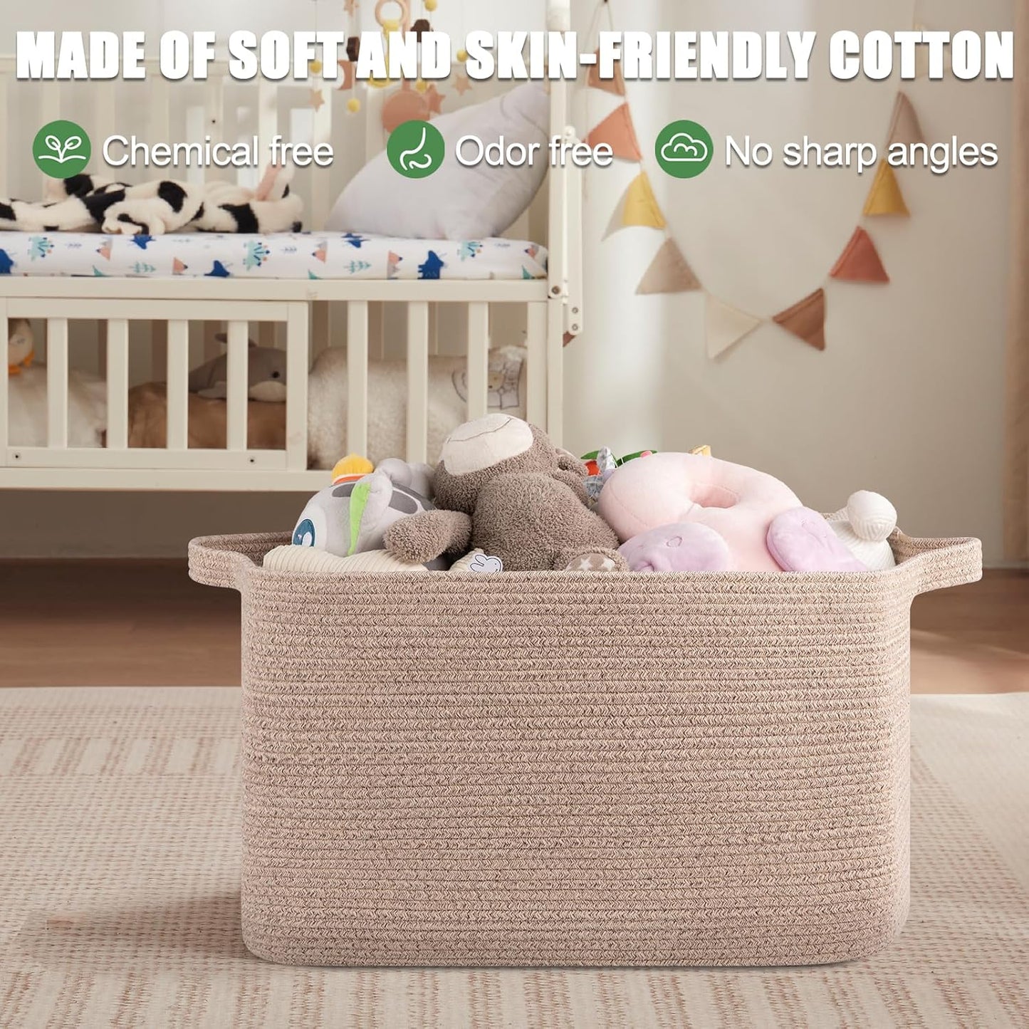 95L Large Storage Basket, Cotton Rope Woven Blanket Basket, Toy Storage for Baby Room, Living Room, 24" x 16.9" x 14.2", Brown