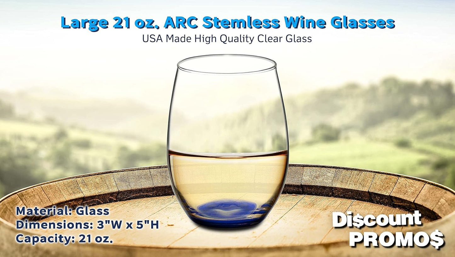 DISCOUNT PROMOS 10 ARC Stemless Wine Glasses Set, 21 oz. - Chardonnay, Cabernet, Merlot, Sauvignon - Blue