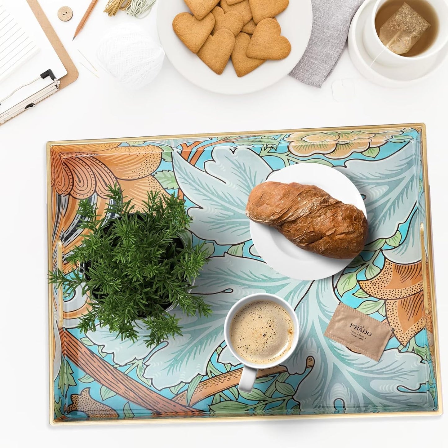 Spsyrine Serving Tray with Handles, Plastic Decorative Tray for Coffee Table, Living Room, Home Decor, Sunflower