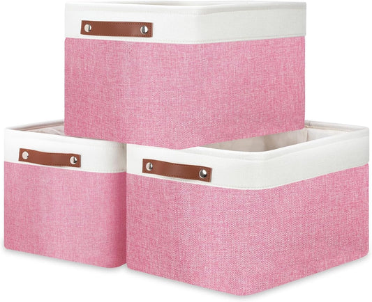DULLEMELO Storage Baskets for Organizing, Shelves,Bedroom, Decorative Storage Bins with Faux Leather Handles, Fabric Storage Basket for Office, Toys(3-Pack, White&Pink)