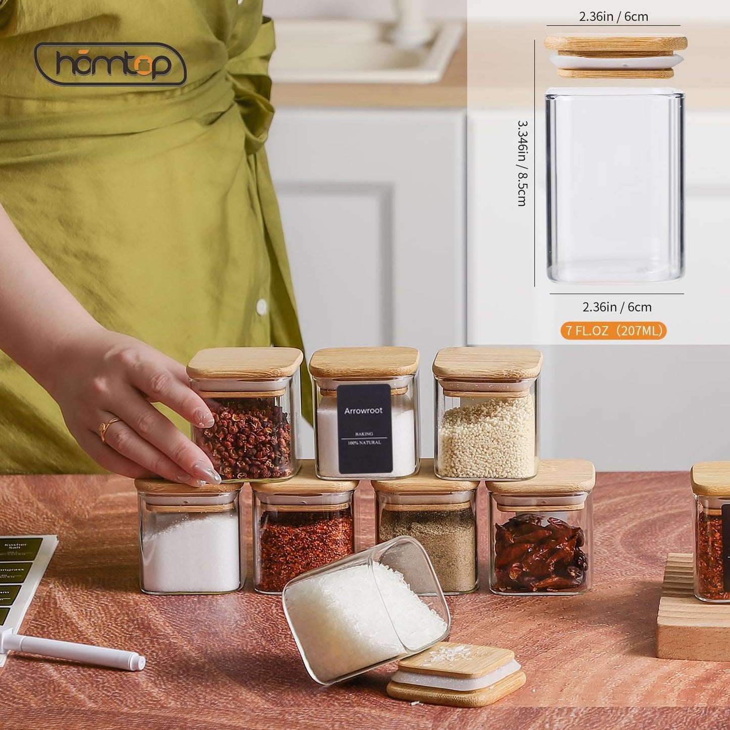 10Pcs 7oz Spice Jars Glass Container with 275 Labels, Airtight Seasoning Empty Organizer with Bamboo Lid Set for Pepper, Salt, Sugar