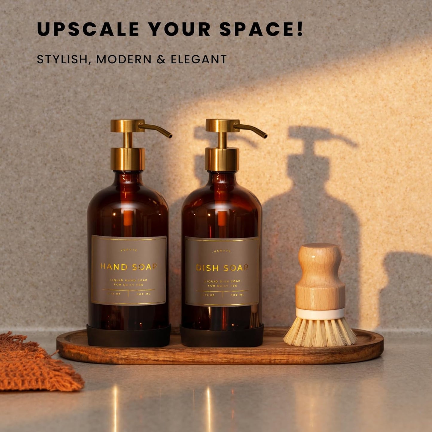 16oz Glass Soap Dispenser with Stainless Steel Pump, 21 Waterproof Labels, Non-Slip Protective Silicone Pad, Set of 2 for Bathroom & Kitchen (Amber Bottle/Brushed Gold Pump)