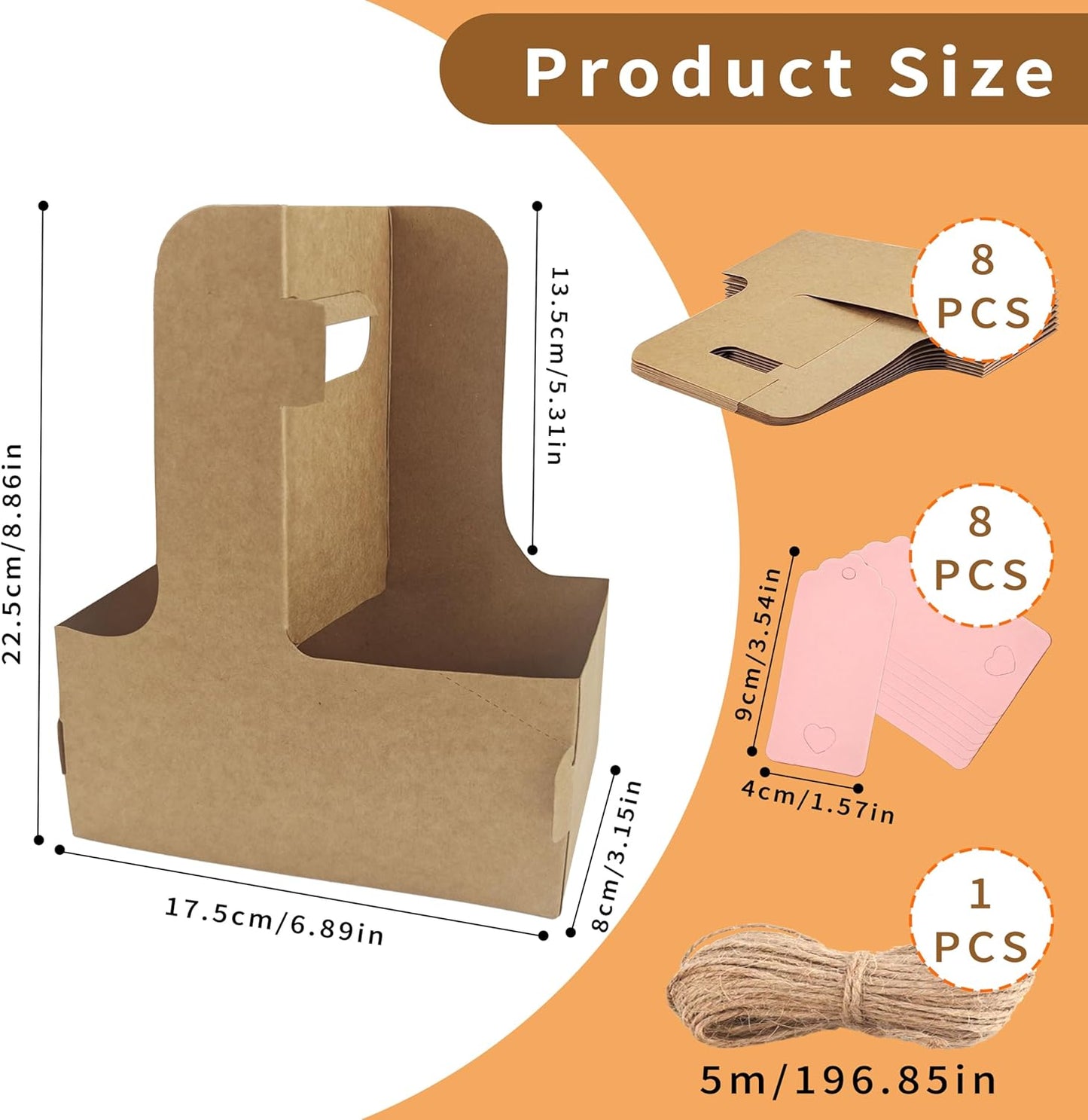 2 Cup Drink Carrier,8 Pack Coffee Cup Holders with Handle,Cardboard Cup Holders for Hot or Cold Drinks,Coffee Carrier with Ribbon and Card,Food Delivery Services and Bouquet(Kraft)