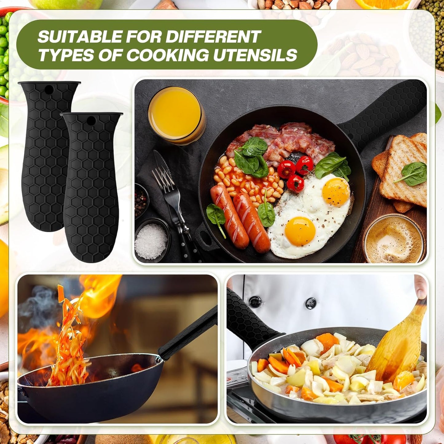Patelai 2pcs Silicone Handle Cover for Cast Iron Skillet Kitchen Silicone Handles for Pots and Pans Non-Slip Pot Holder Sleeve for Fry Pan Griddles Metal Aluminum Cookware(Black)
