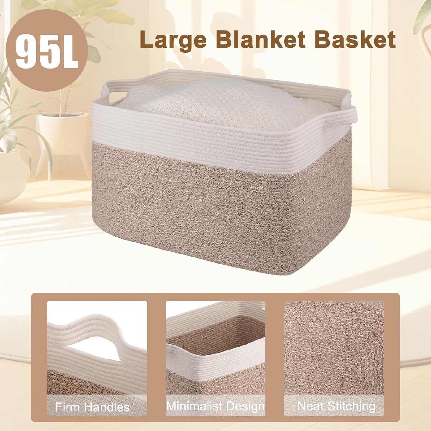 OIAHOMY 95L Blanket Basket, 24”x17”x14”, Large Woven Basket for Storage, Nursery Cotton Rope Basket with Handle, Living Room, Nursery, Bedroom,Toy Storage Organizer Bins, Brown and White