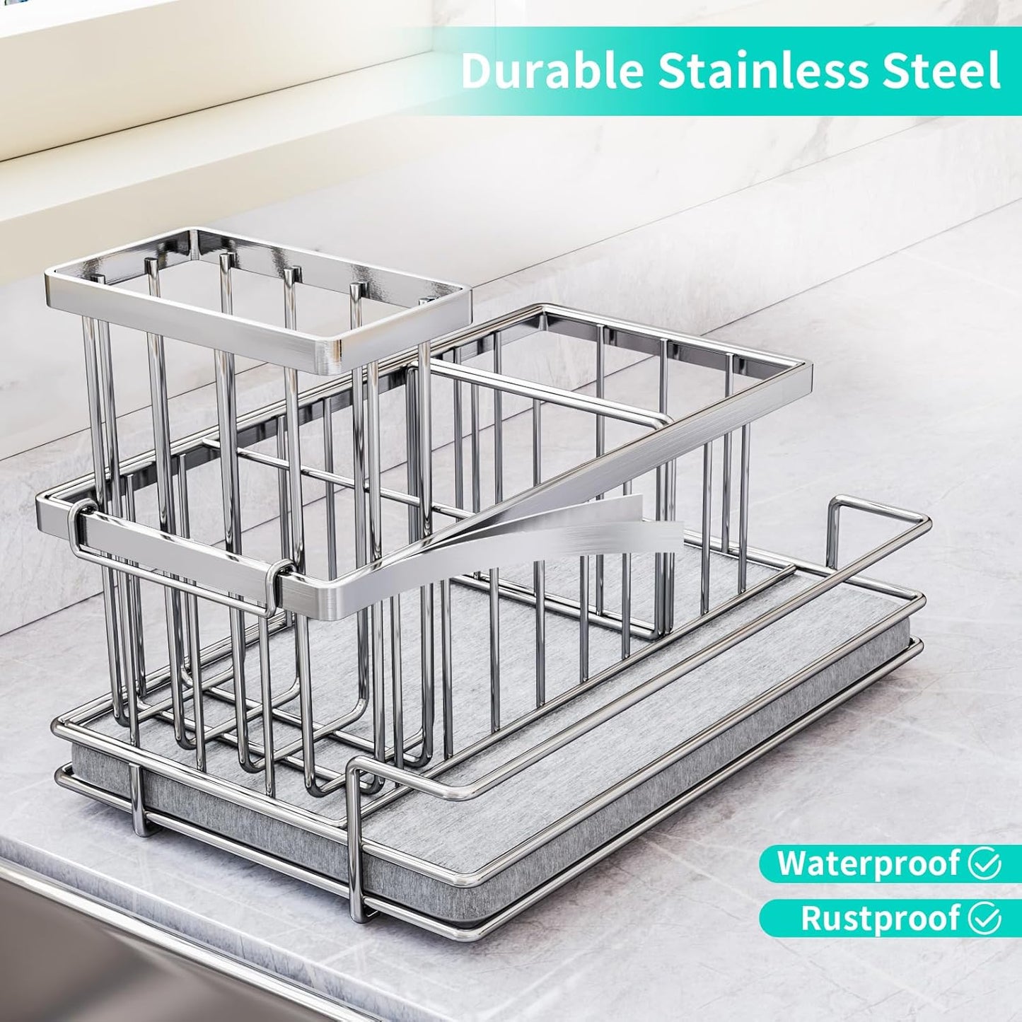 HapiRm Sink Caddy Sponge Holder - Kitchen Sink Organizer with Instant Drying Stone and Brush Holder, Stainless Steel Sponge Caddy for Kitchen Countertop - Silver