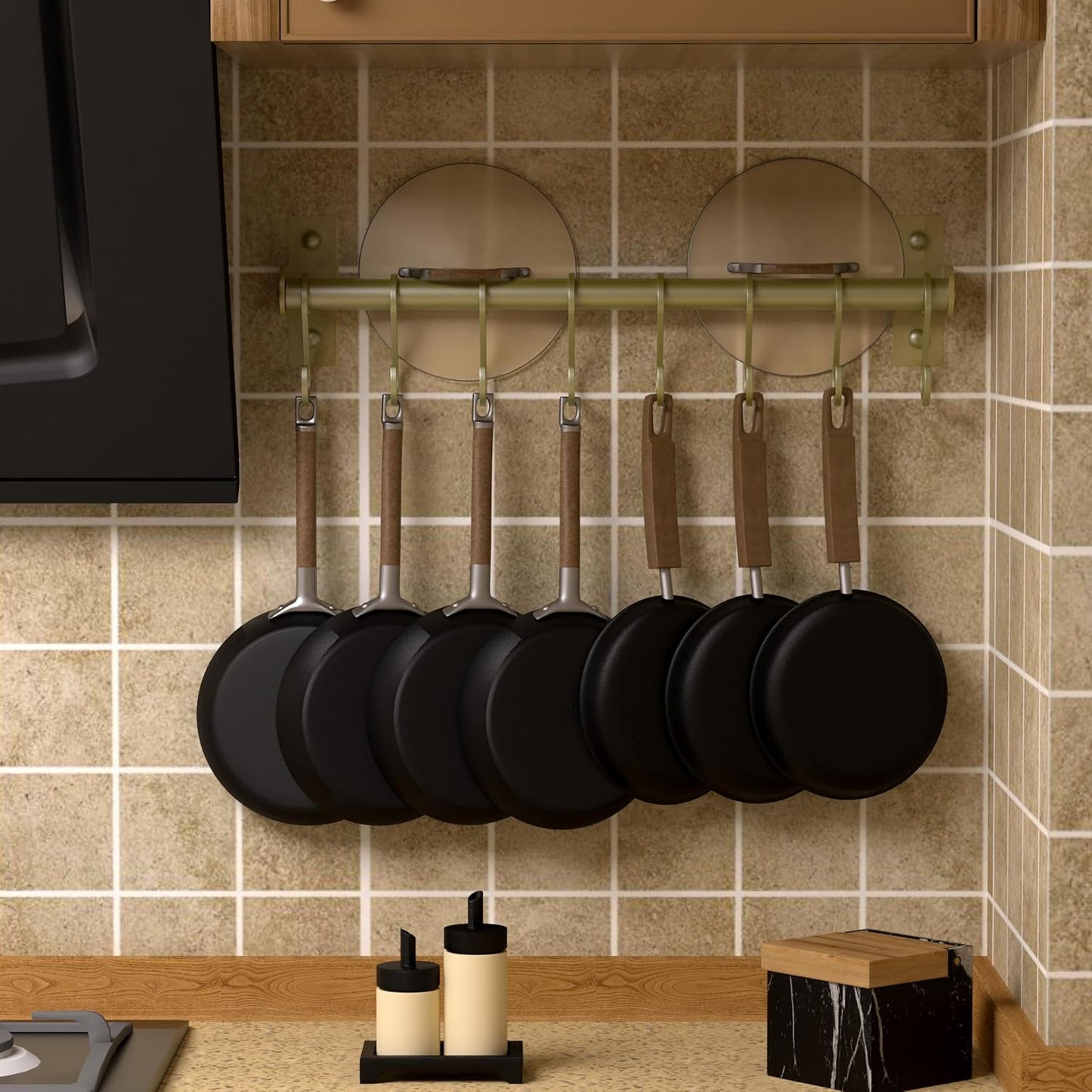 Dseap Kitchen Utensil Holder Hanger, Pot and Pan Rack Wall Mounted, Kitchen Rail with 8 Hooks for Hanging Cooking Utensils, Mugs, Spoons, Wall Mounted, Champagne Color