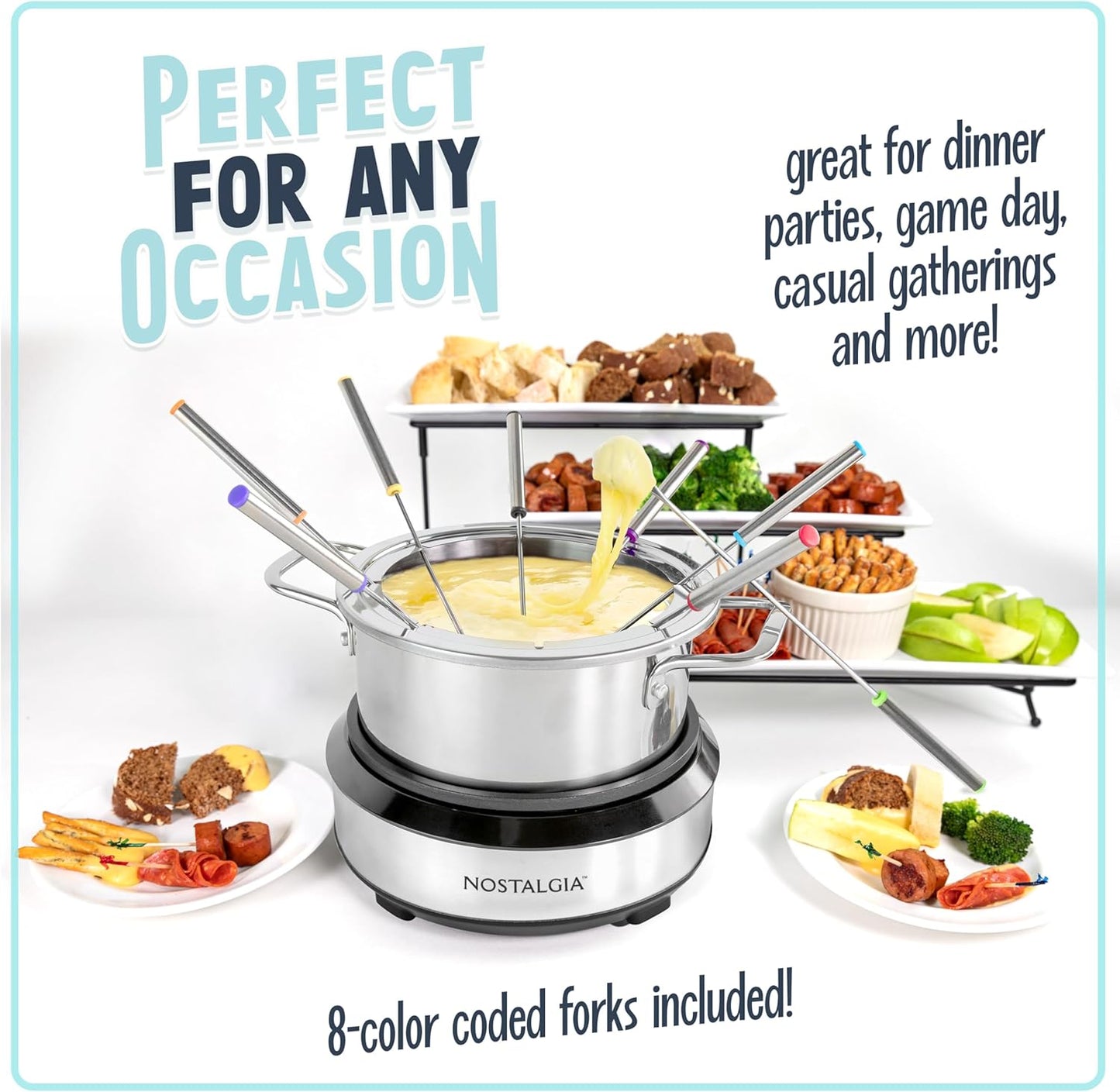 Nostalgia 8-Cup Electric Fondue Pot Set for Cheese & Chocolate - 8 Color-Coded Forks, Temperature Control - Kitchen Gadgets and Appliances for Hors d'Oeuvres and More - Stainless Steel