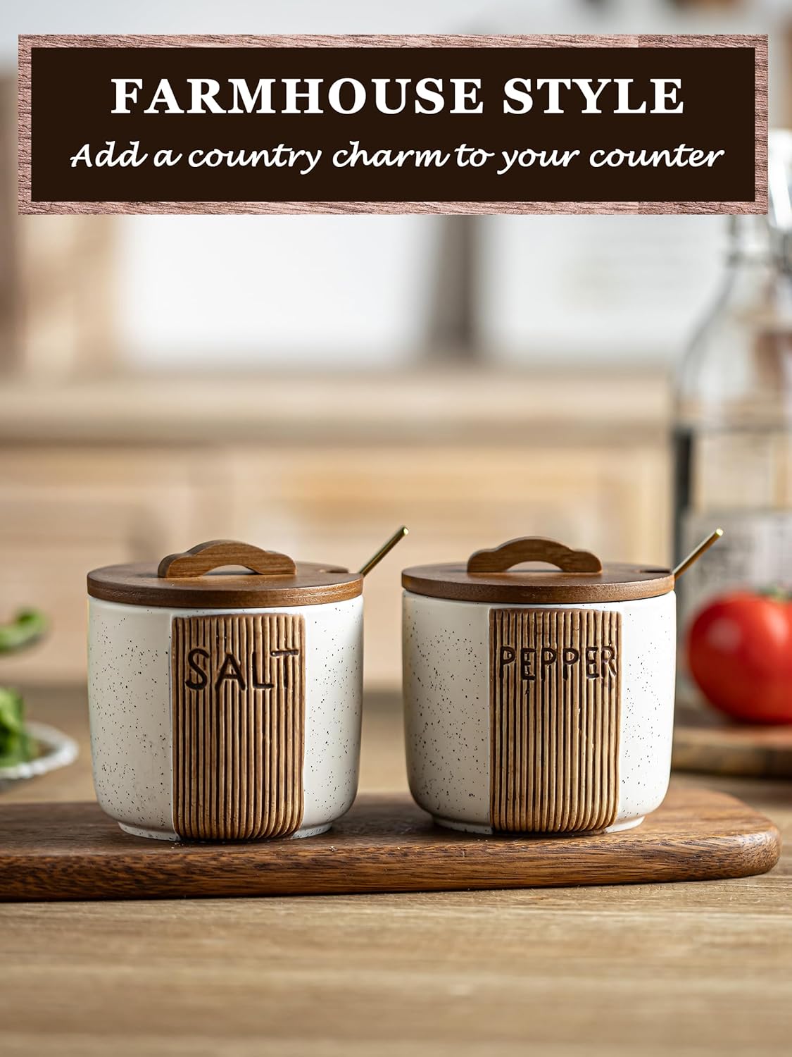 Salt and Pepper Bowl Ceramic, 10 Oz Salt and Pepper Cellar with Lid and Spoon, Farmhouse Salt Containers for Countertop, White