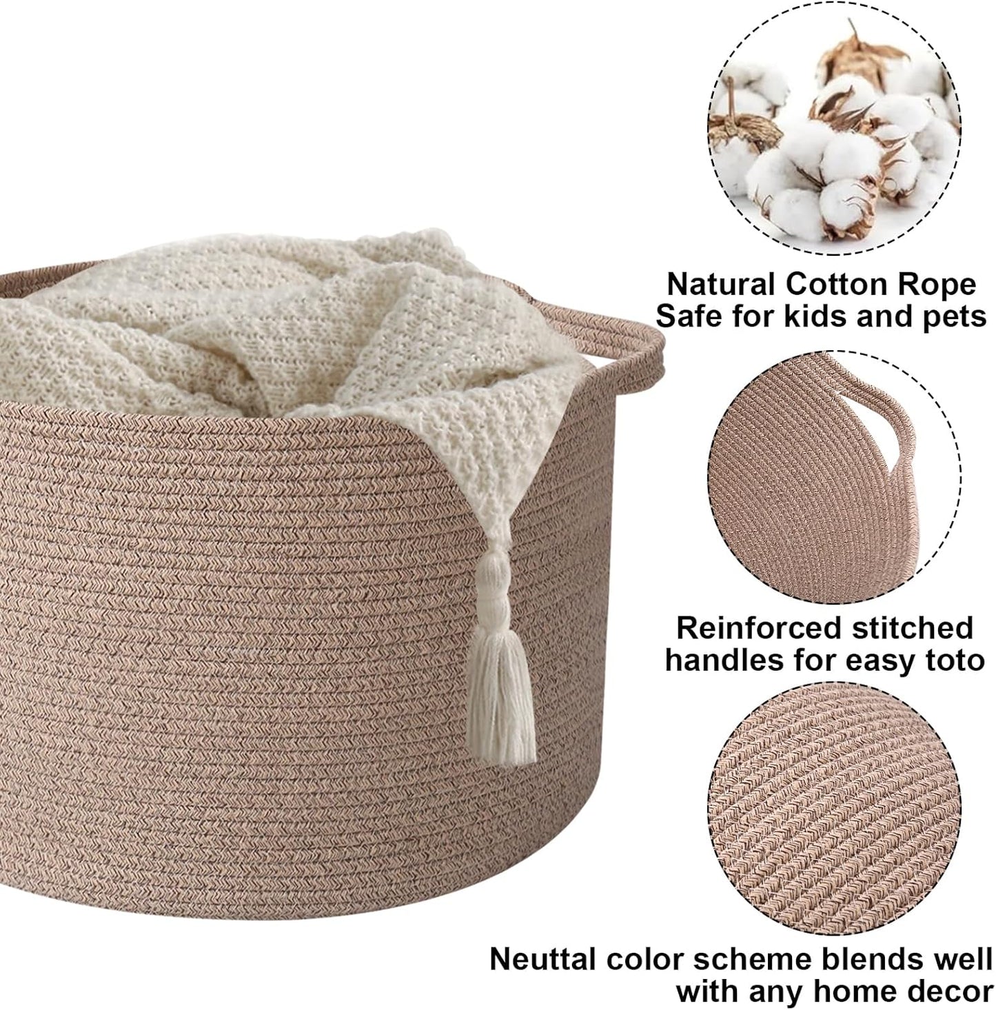 Large Blanket Basket for Organizing,65L Closet Organizers and Storage Bins Box for Shelves Woven Rope Storage Baskets,Living Room,Bedroom,Dorm,Laundry room (Brown)