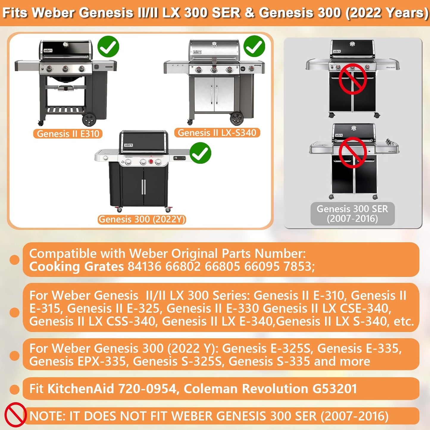 66802 Genesis II GS4 Grill Grates for Weber 3 Burner Genesis 2 GS4 Grill Parts Replacement Weber Genesis II/II LX 300 SER II E310 E315 Accessories 66095 Genesis 300 (2022 YRS) Stainless Steel 18.8''L